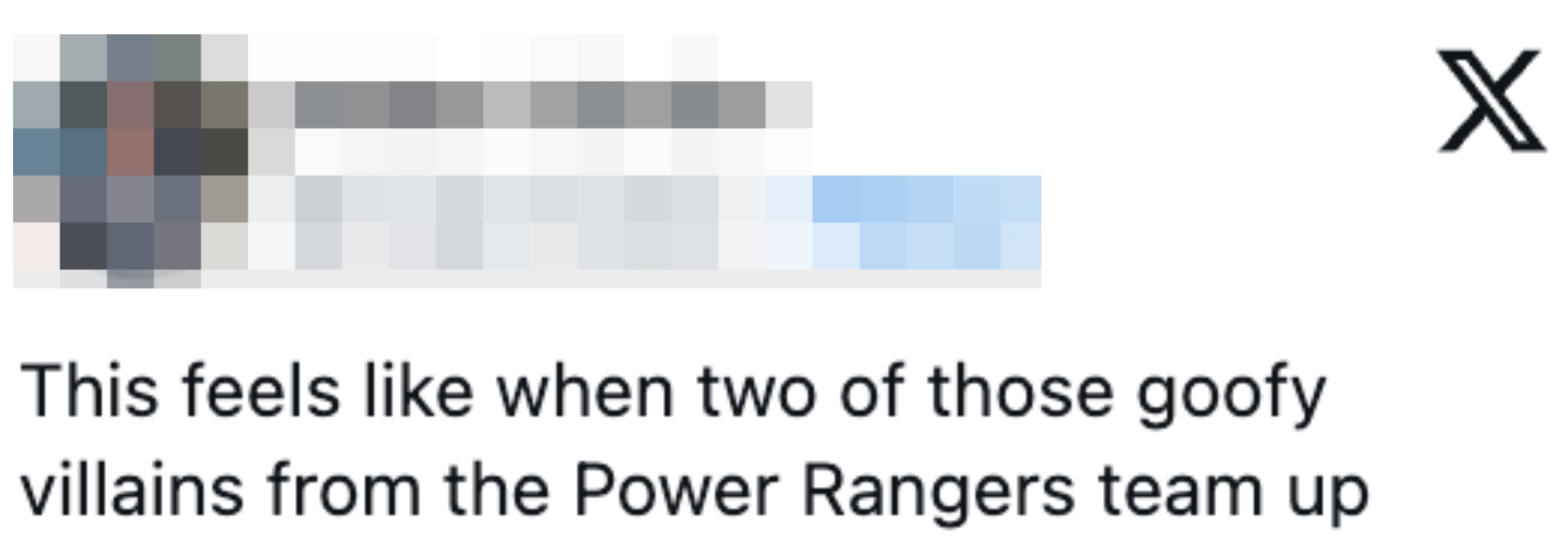 Tweet som sammenligner noe med klønete skurker som slår seg sammen i Power Rangers