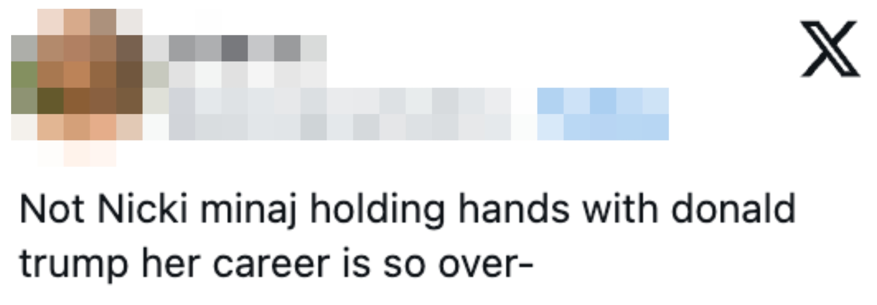 Tweet som fleiper om noen som ligner Nicki Minaj som holder hender med Donald Trump, og antyder at det er negativt for karrieren hennes