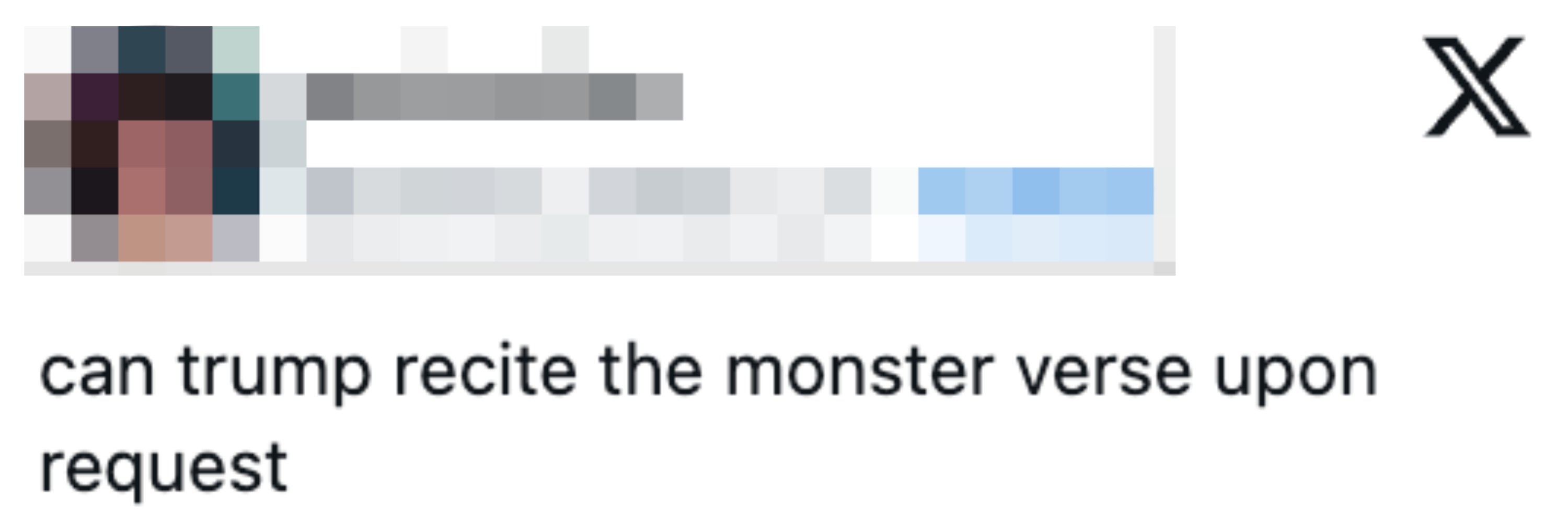 Skjermbilde av en tweet av brukeren "annie_either_or" spør om Trump kan resitere "Monsteret" vers på forespørsel