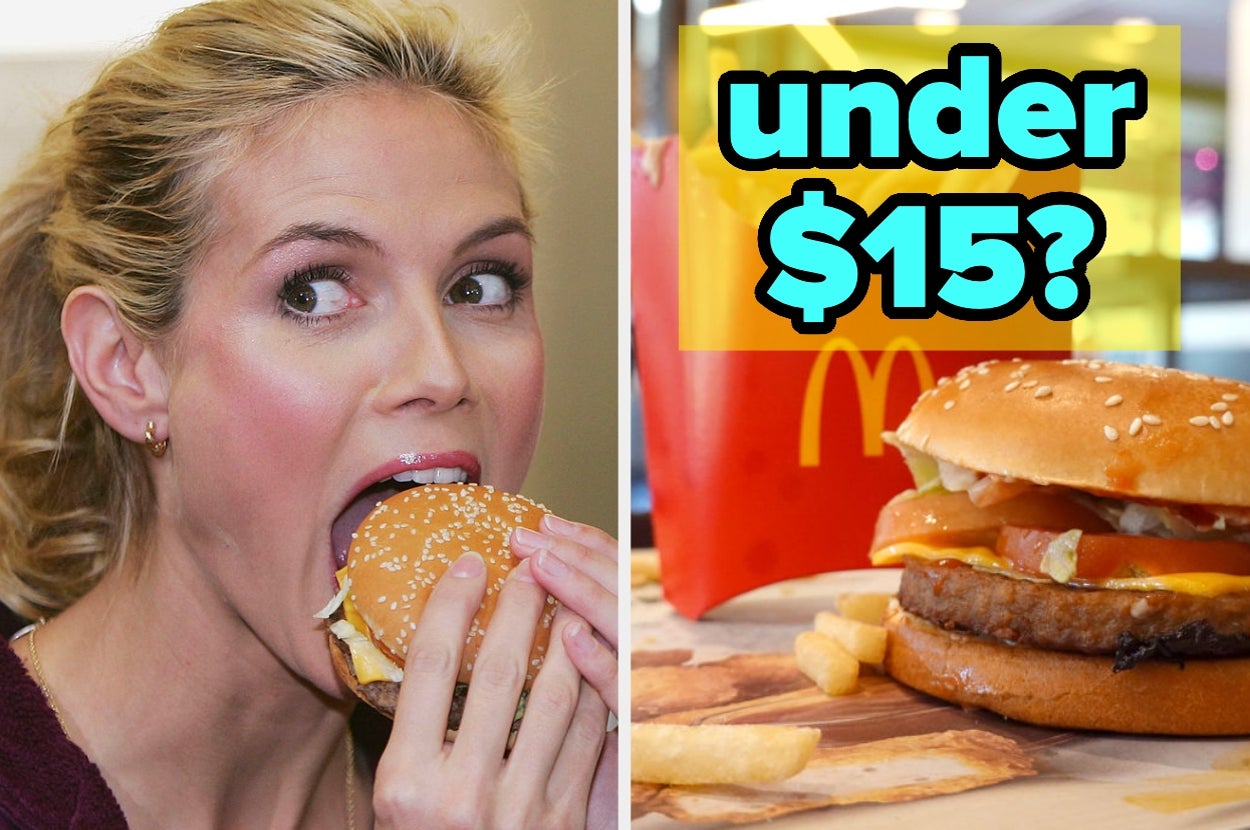 Person eating a burger beside an image of a McDonald's meal, with text reading "under $15?"