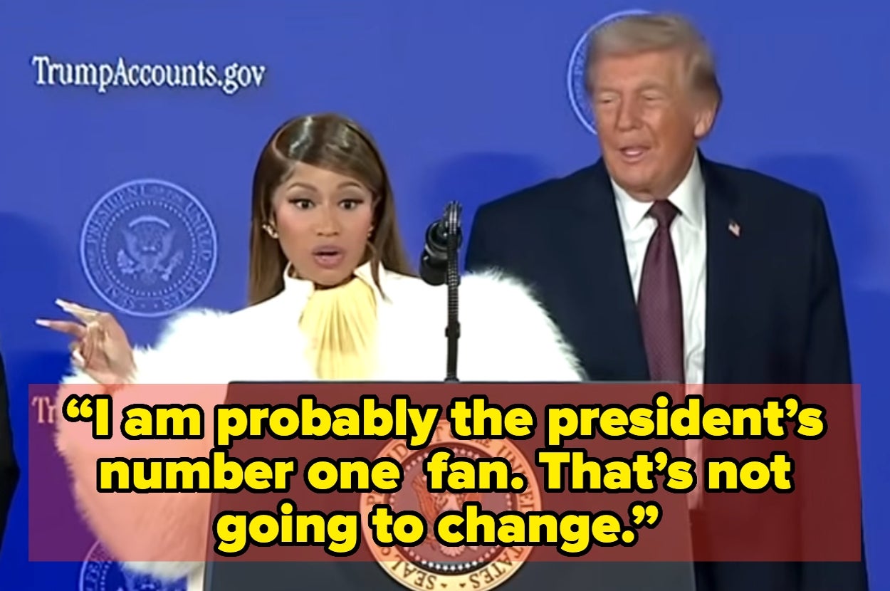 Woman speaking at podium next to man in suit. Caption reads: "I am probably the president’s number one fan. That's not going to change."