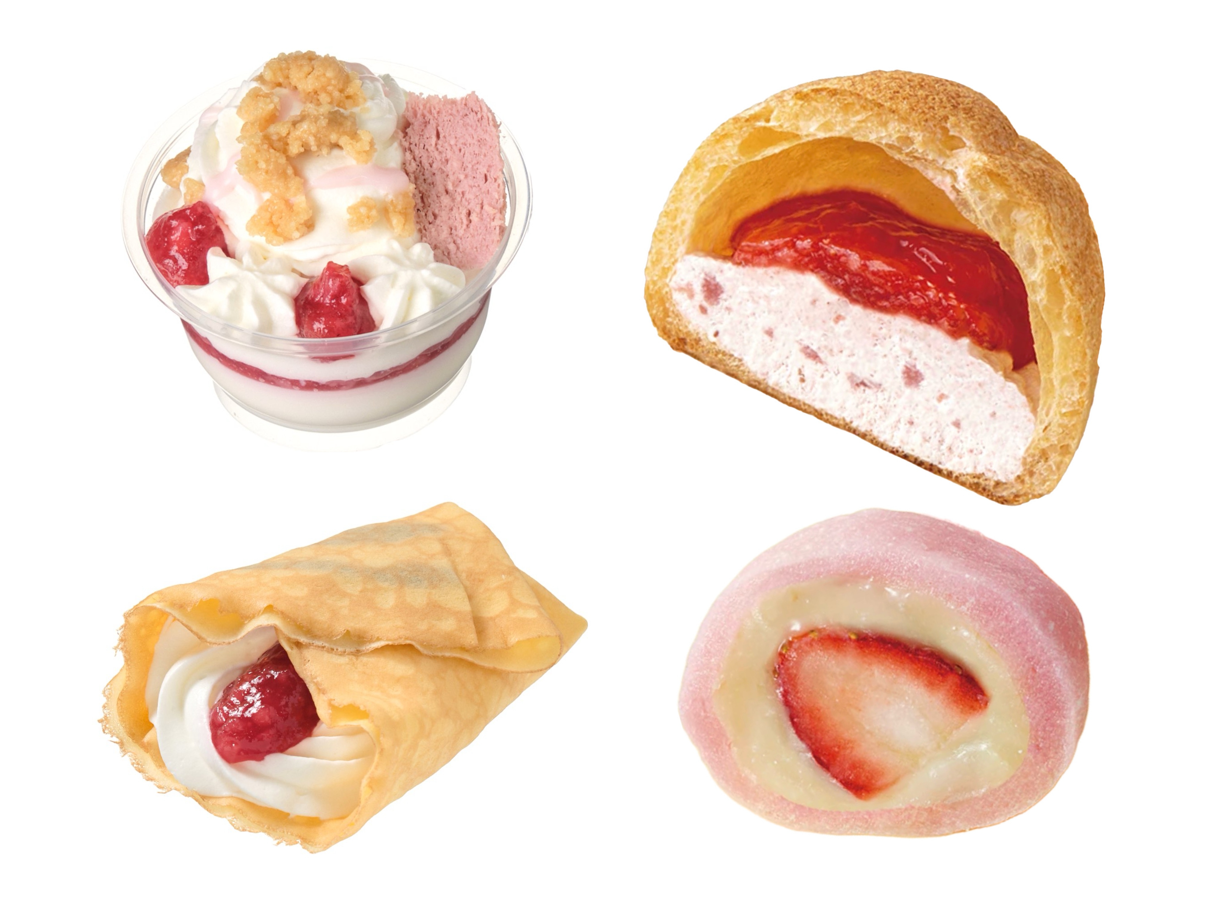 4種類のスイーツが並んでいる。上から時計回りに、カップデザート、シュークリーム、いちご大福、クレープ。