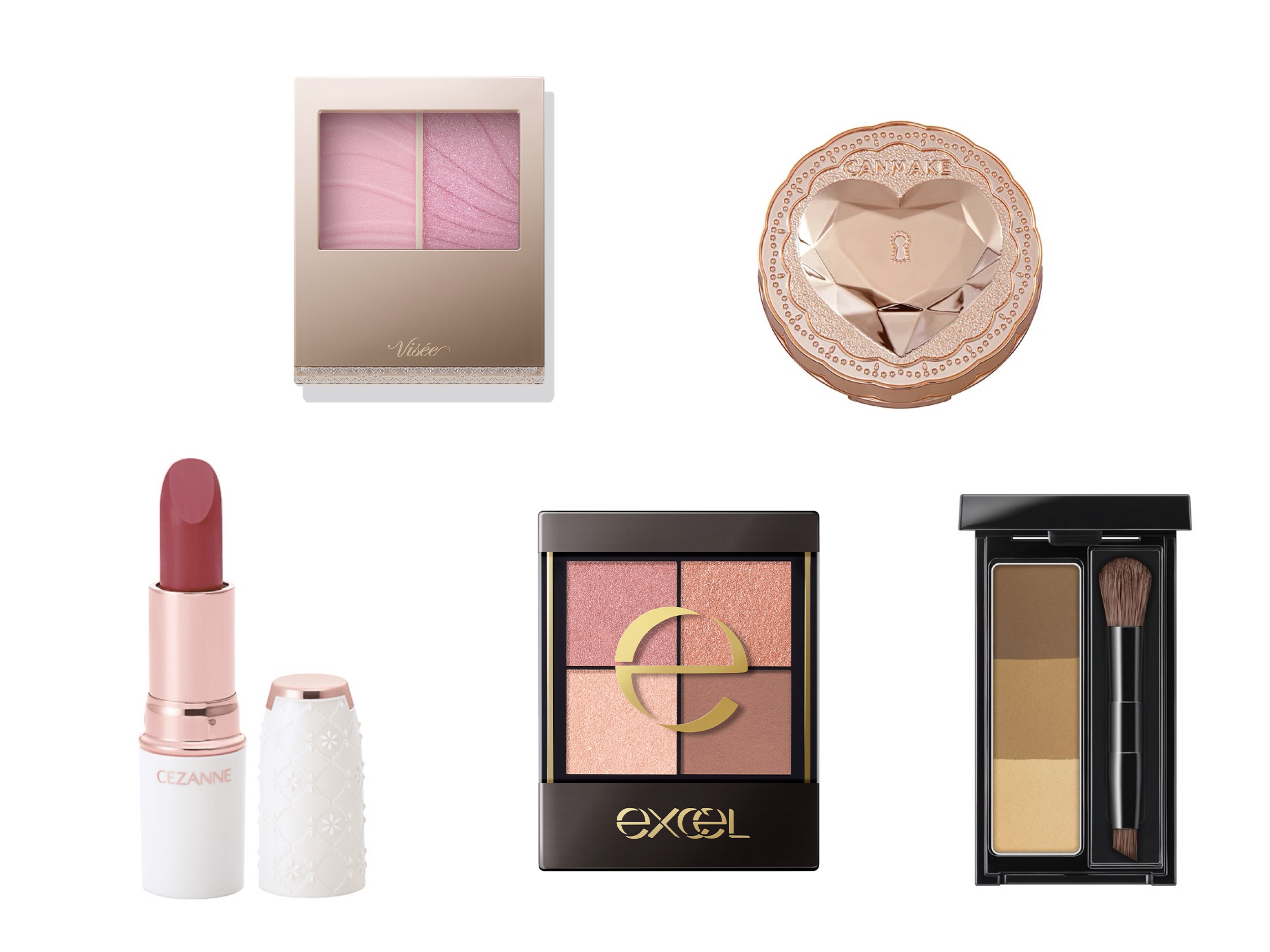 5つの化粧品が並んだ画像。リップスティック、アイシャドウ、フェイスパウダーなど、さまざまなメイクアップアイテム。