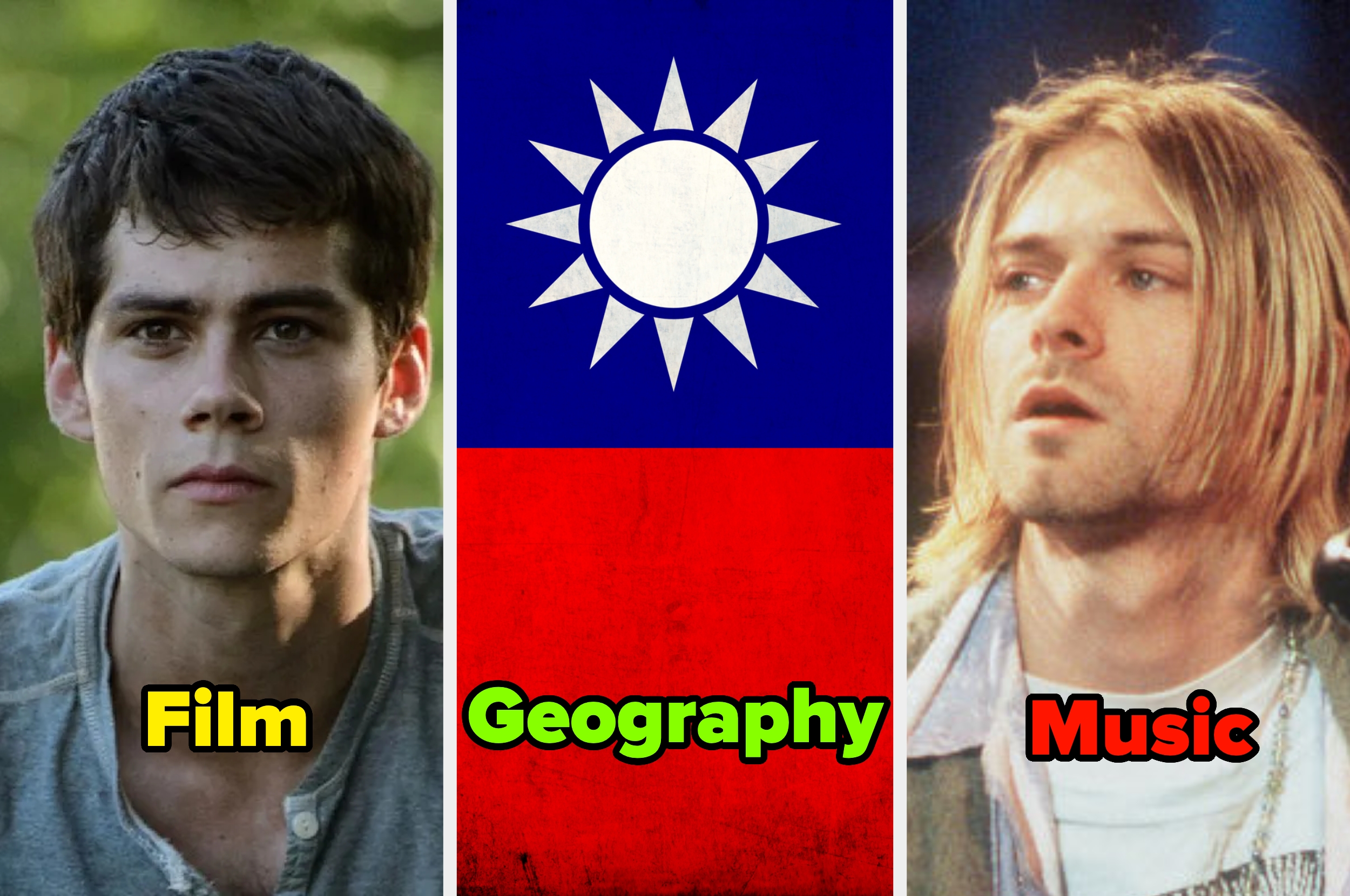 Three sections labeled "Film," "Geography," and "Music," each with a related image