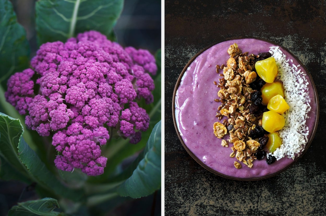 Purple cauliflower plant and a smoothie bowl with granola, mango pieces, and coconut shavings