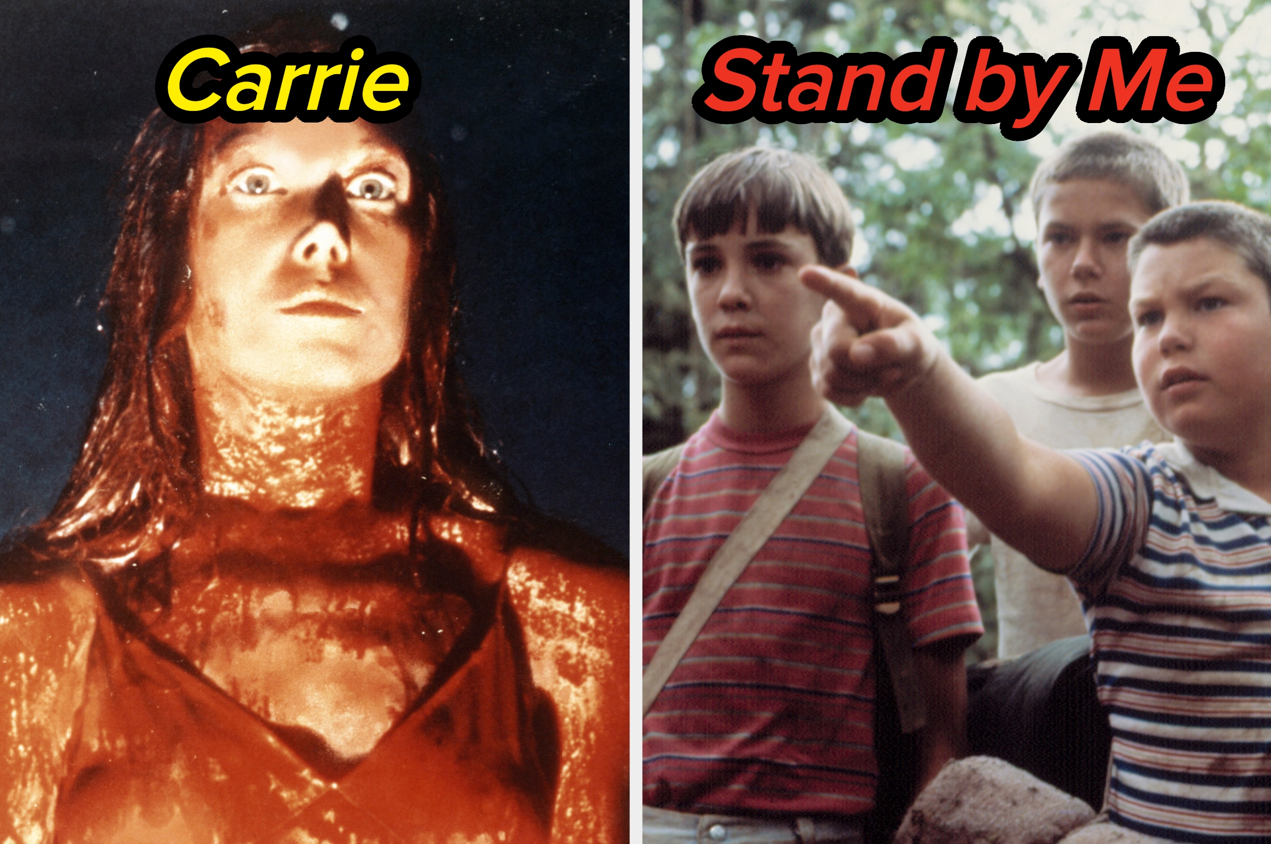 Split image: On the left, a scene from "Carrie" with a woman covered in liquid. On the right, three boys from "Stand by Me" outdoors
