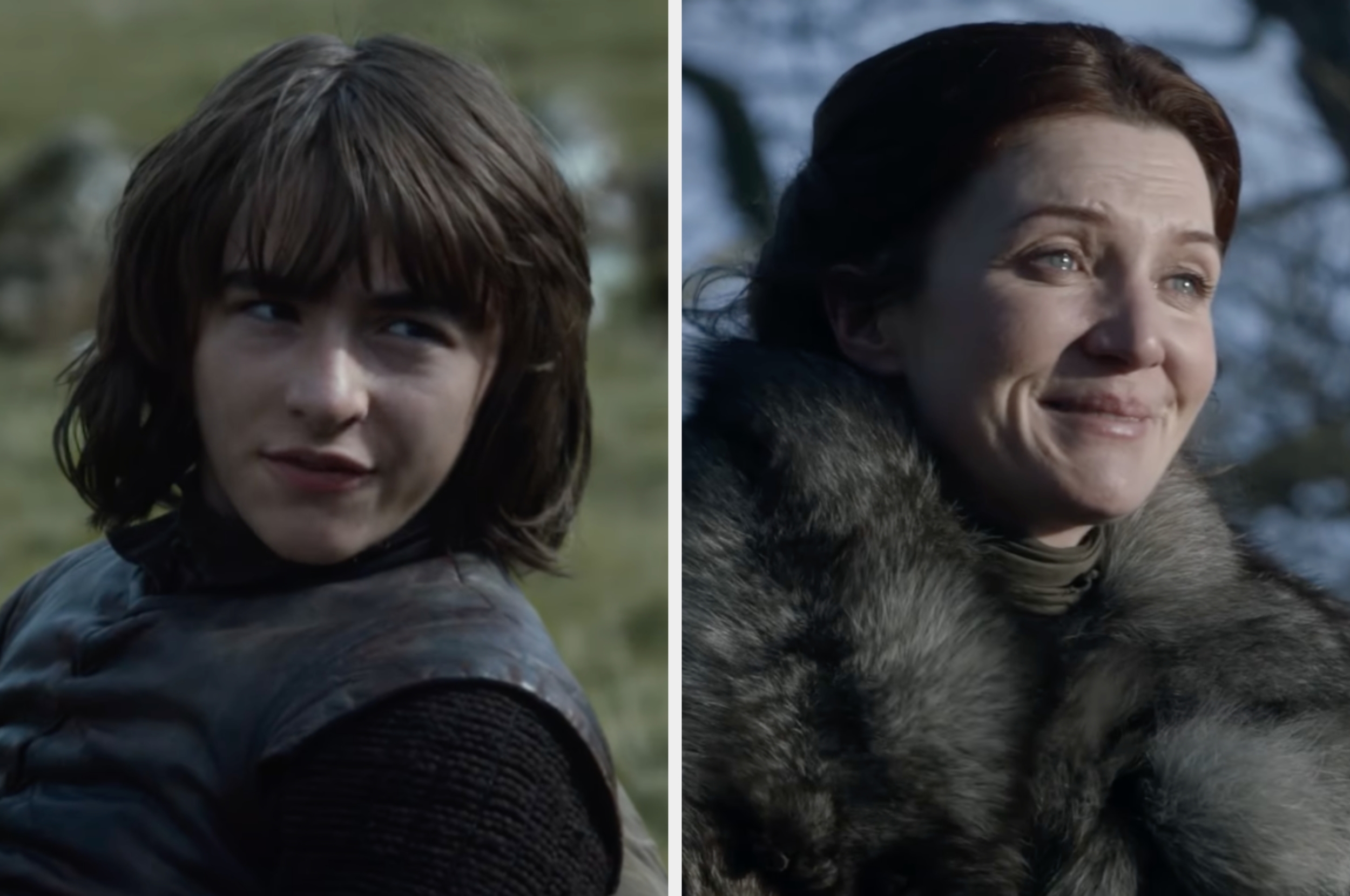 Two people in a medieval setting; one in simple, rugged attire and the other in a fur-trimmed outfit, both looking in different directions