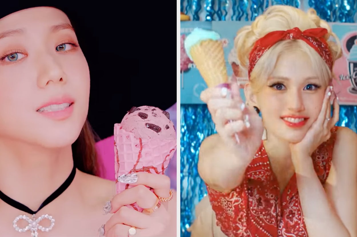 Two women holding ice cream cones, one wearing a black hat and the other with a red bandana, both smiling warmly at the camera