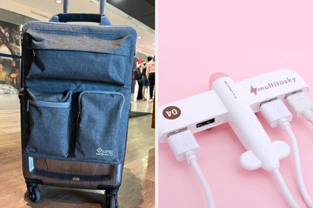 luggage harness on carry-on // adapter with multiple USB ports
