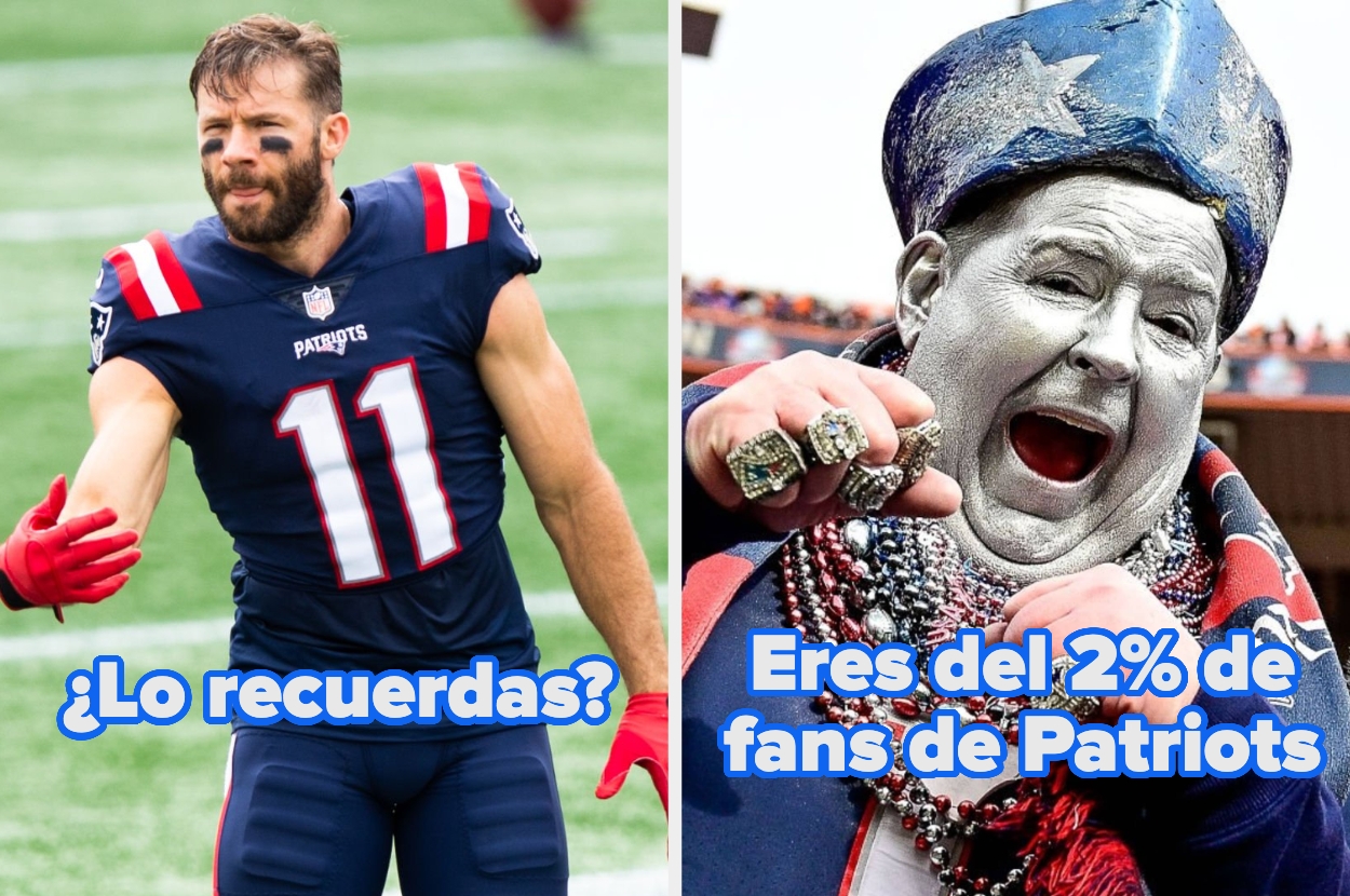 Split image: Left shows a football player in a Patriots uniform, right shows a fan in elaborate outfit with the caption, "Eres del 2% de fans de Patriots."