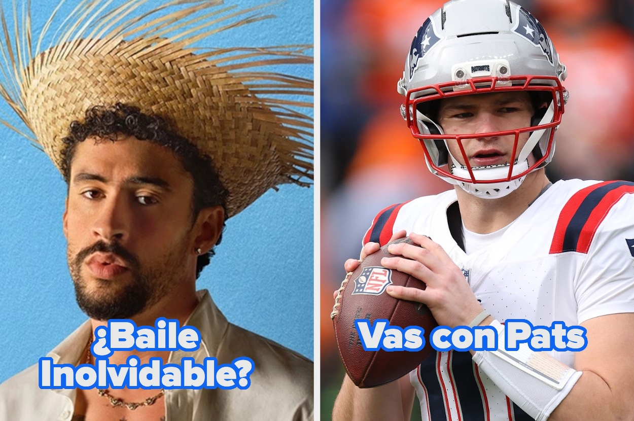 Left: Person in a woven hat and jacket. Right: Football player in helmet and uniform, holding a football. Spanish text on both images