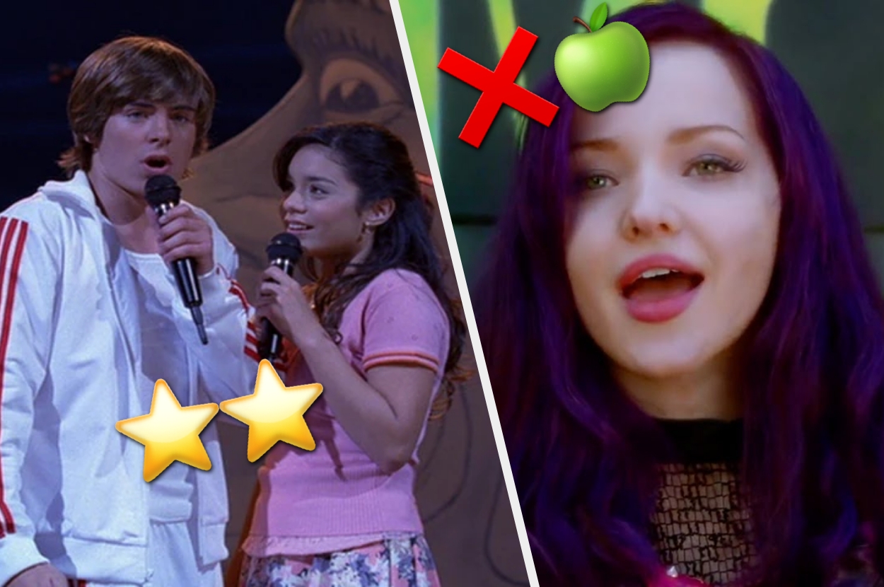 Two singers with microphones; one wears a casual sporty jacket. Next to them, a woman with purple hair is shown with a red 'X' and green apple above her