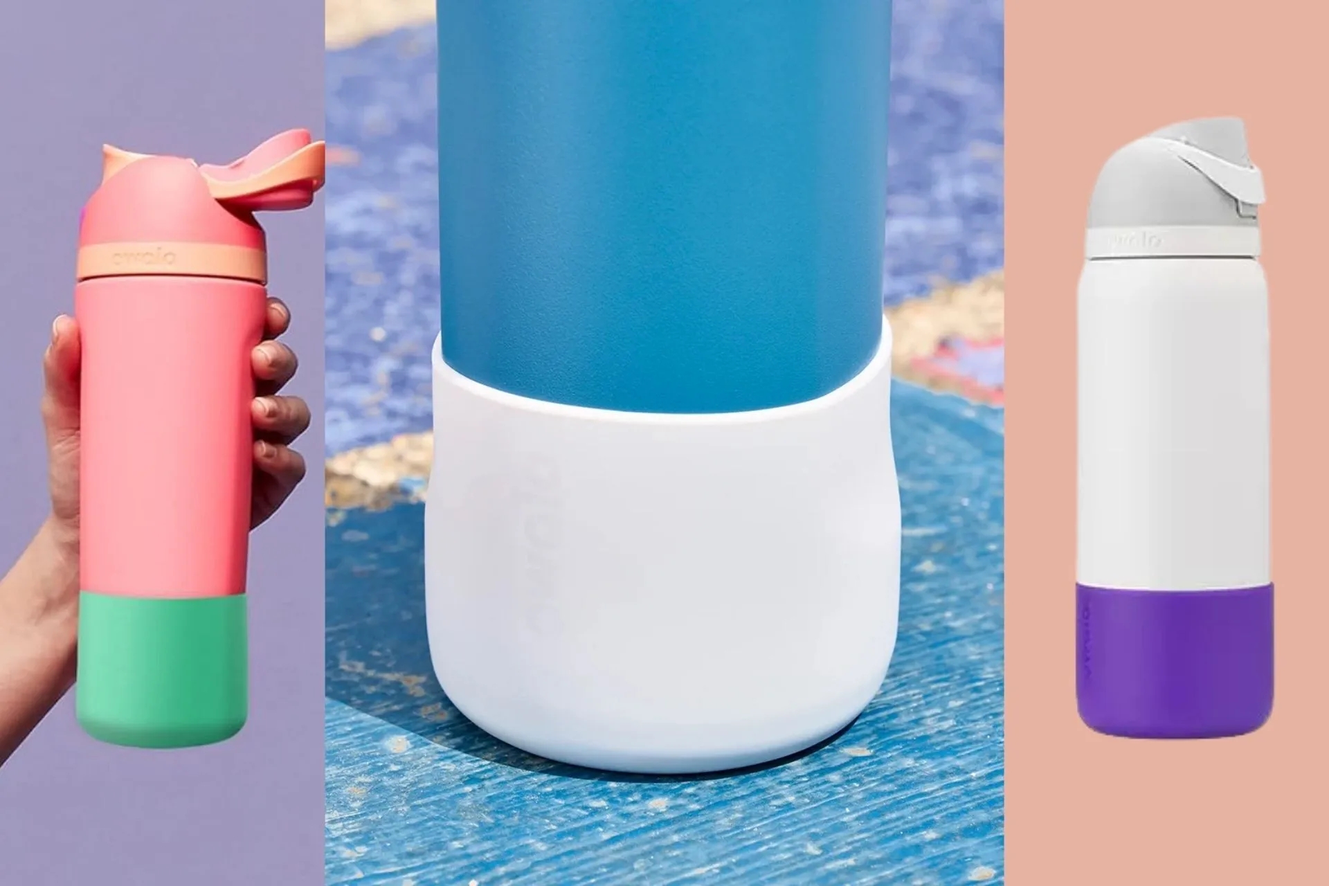 Three modern, reusable water bottles with sleek designs and various lid styles, ideal for eco-friendly shopping choices