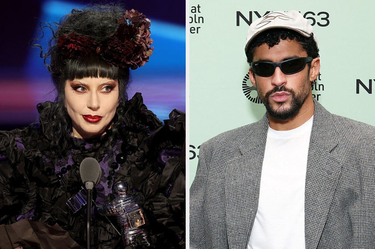 Two celebrities: one in a dramatic dark, ruffled outfit with floral headpiece; the other in a casual blazer, sunglasses, and cap