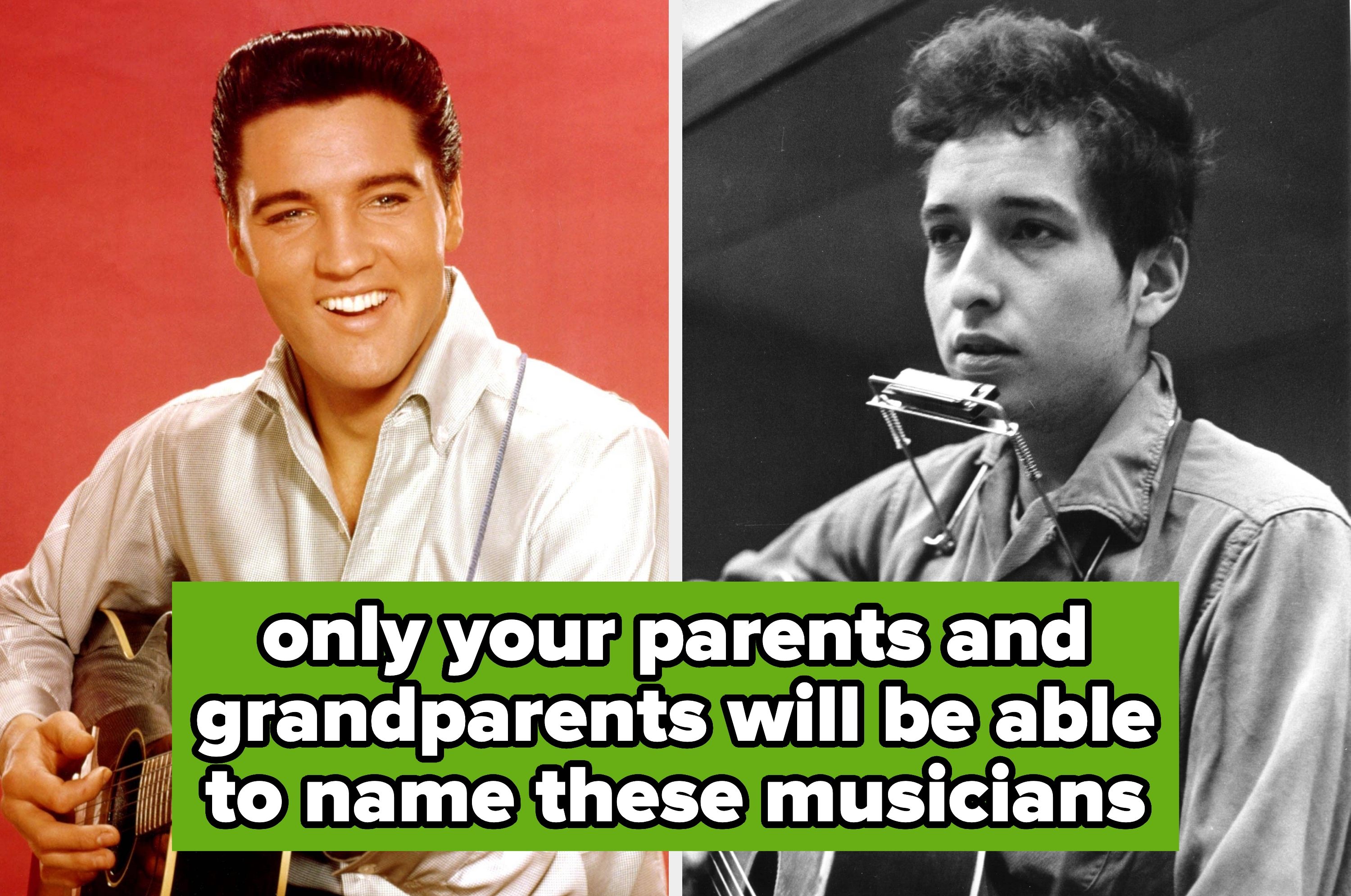 Split image of two musicians holding guitars, text overlay: only your parents and grandparents will be able to name these musicians