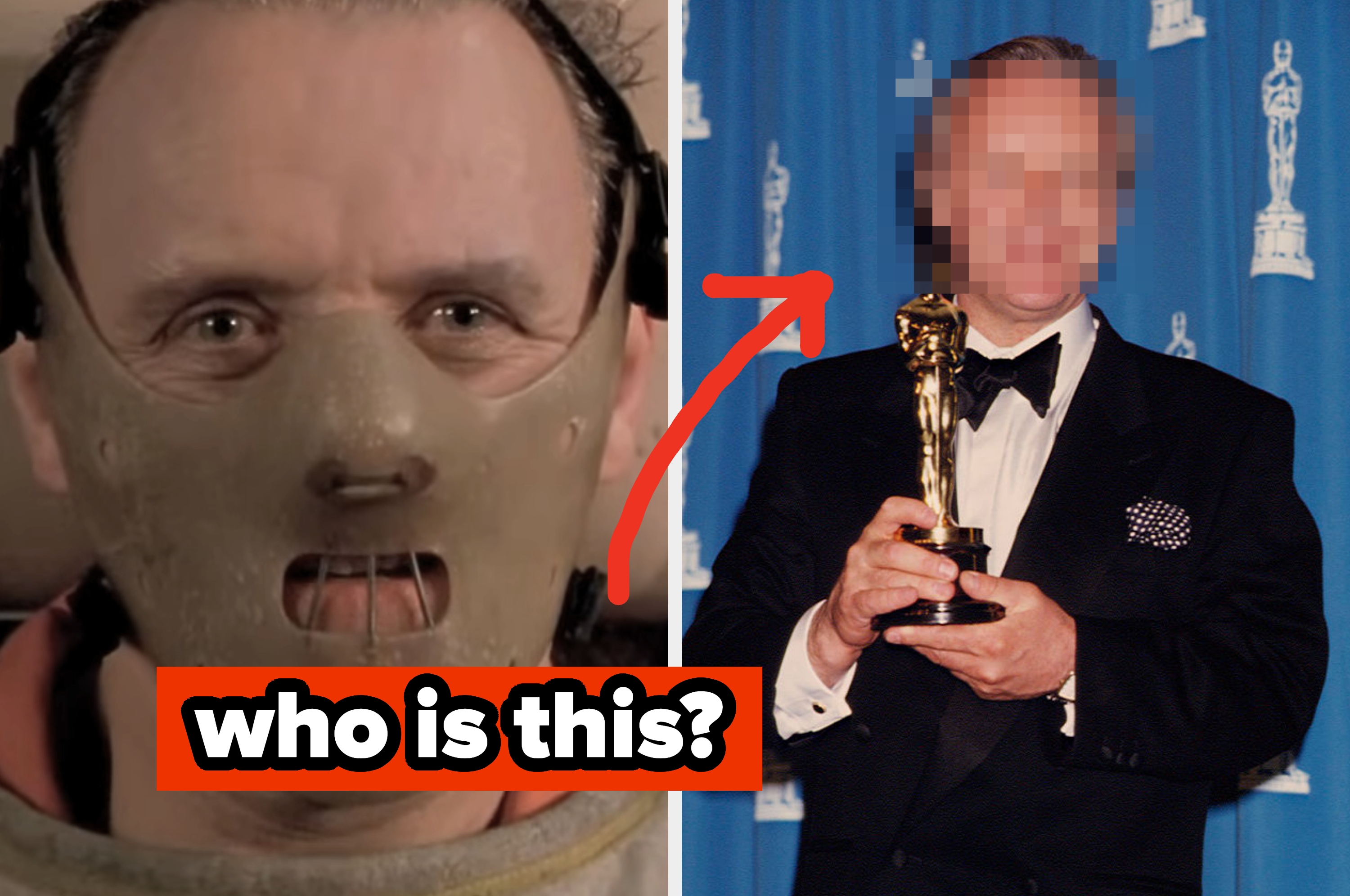 Left: Person in iconic film mask. Right: Person holding award in tuxedo. Red arrow connects the two. Text below asks, "who is this?"