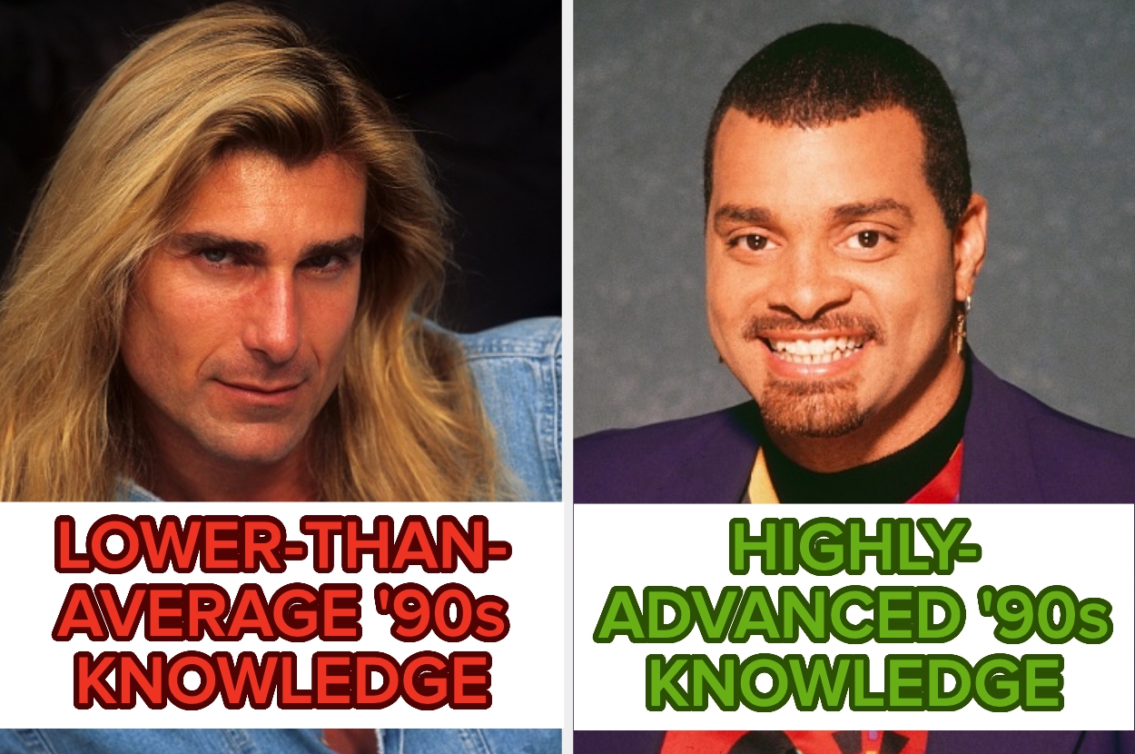 Two images side by side: left shows a person with "Lower-Than-Average '90s Knowledge," right shows another person with "Highly-Advanced '90s Knowledge."