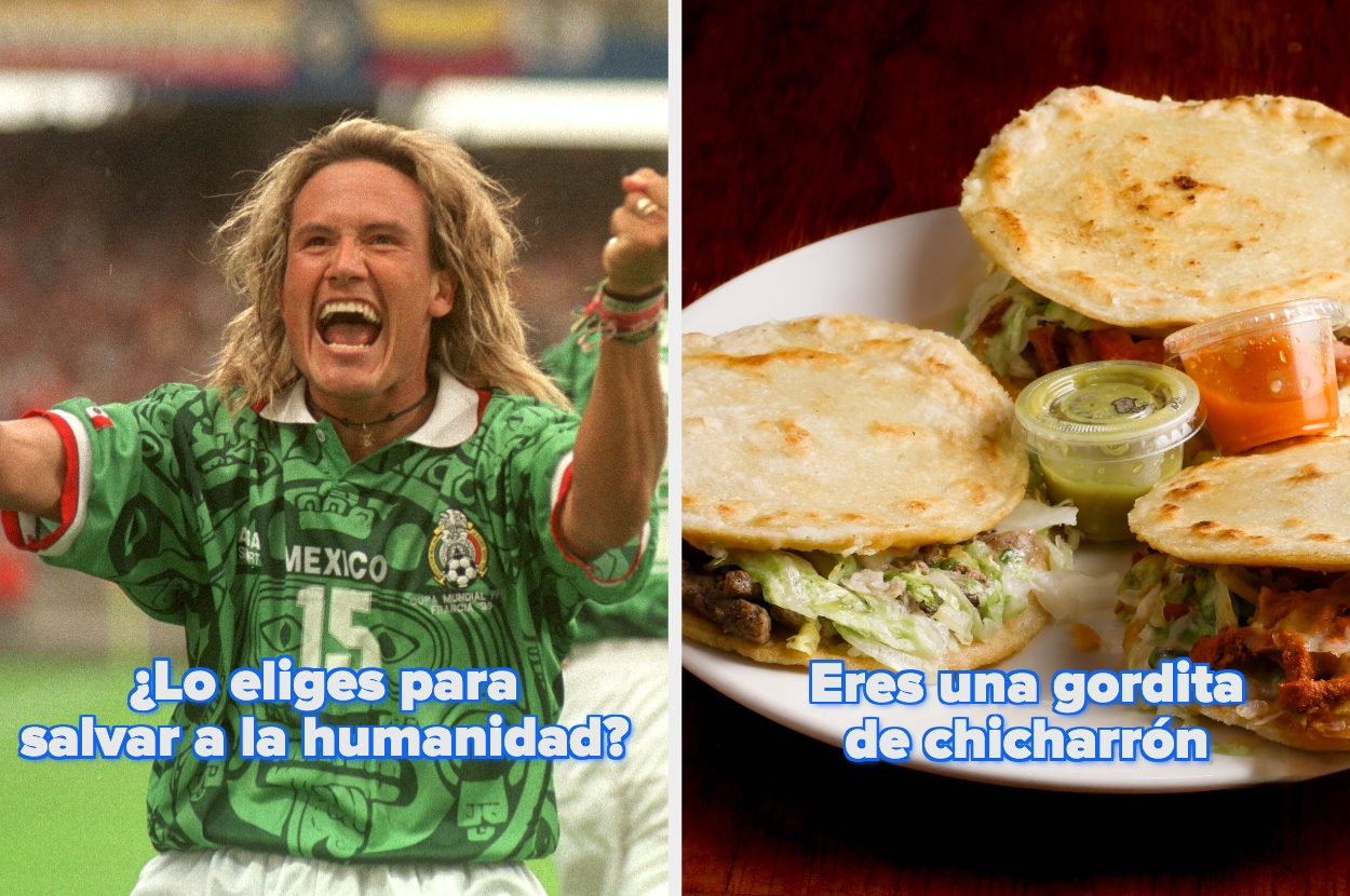 A split image: left shows an excited soccer player celebrating, right shows a plate with filled gorditas and sauces. Text humorously questions a choice