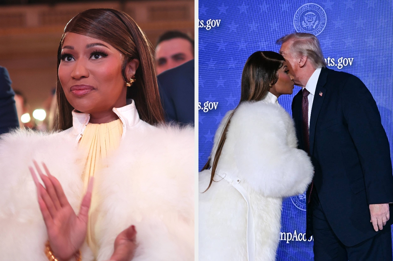 Two-part image: A woman in a fur coat attends an event; she greets a man in a suit at a formal gathering