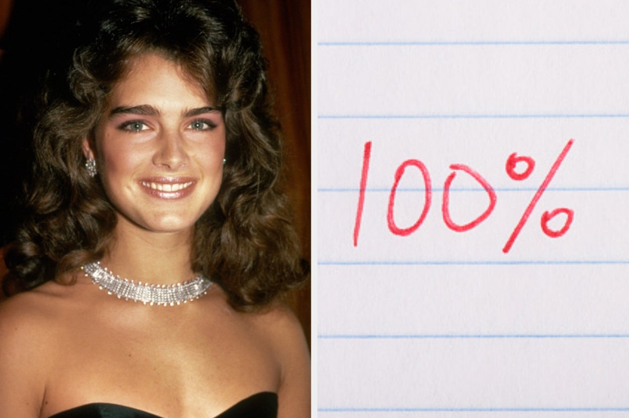 Person in elegant strapless dress with sparkling necklace, smiling. Next to it, the text "100%" written in red on lined paper