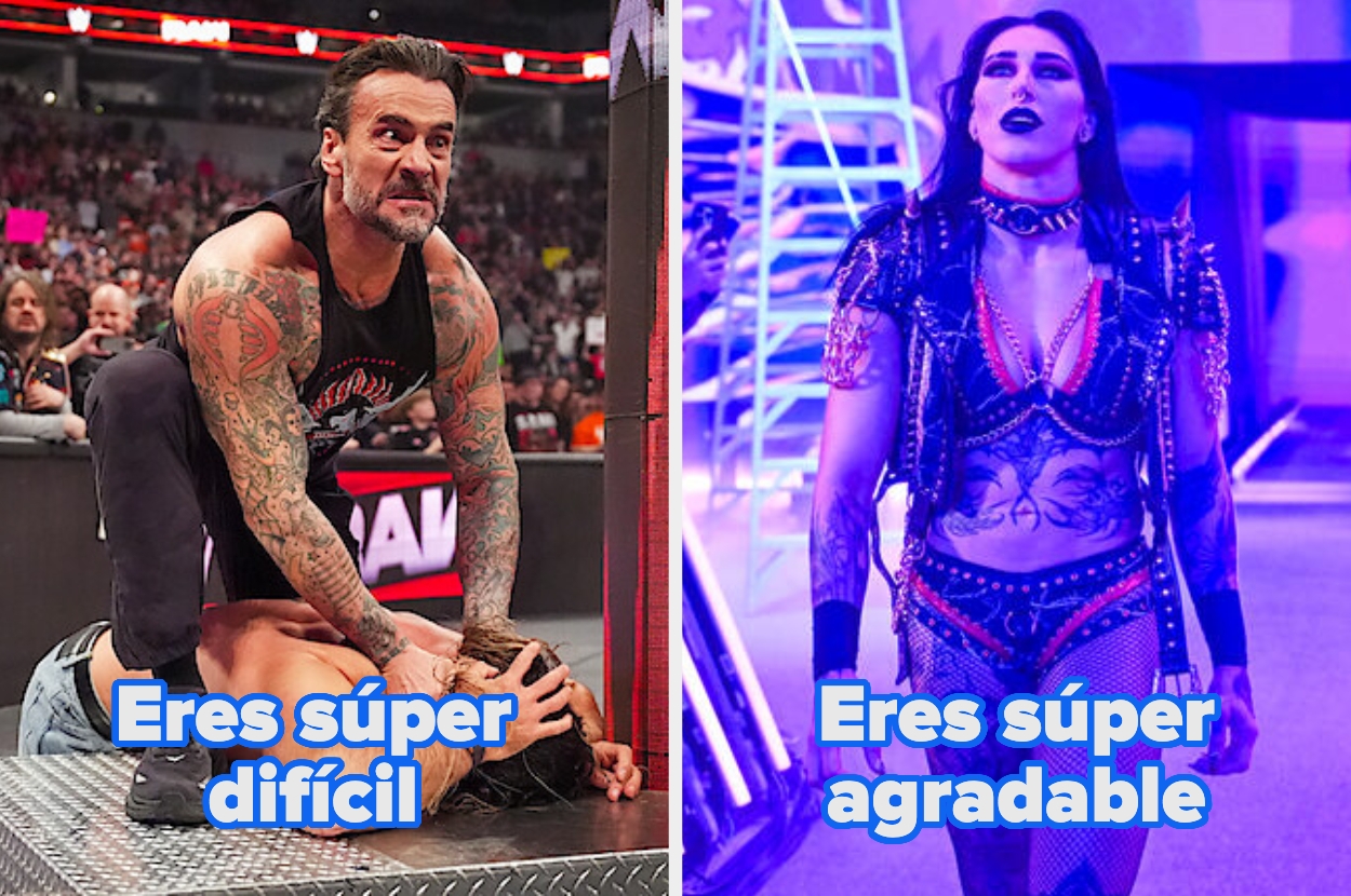 On the left, a wrestling event shows a person kneeling on another. On the right, a wrestler in elaborate gear walks confidently. Text: "Eres súper difícil" and "Eres súper agradable."