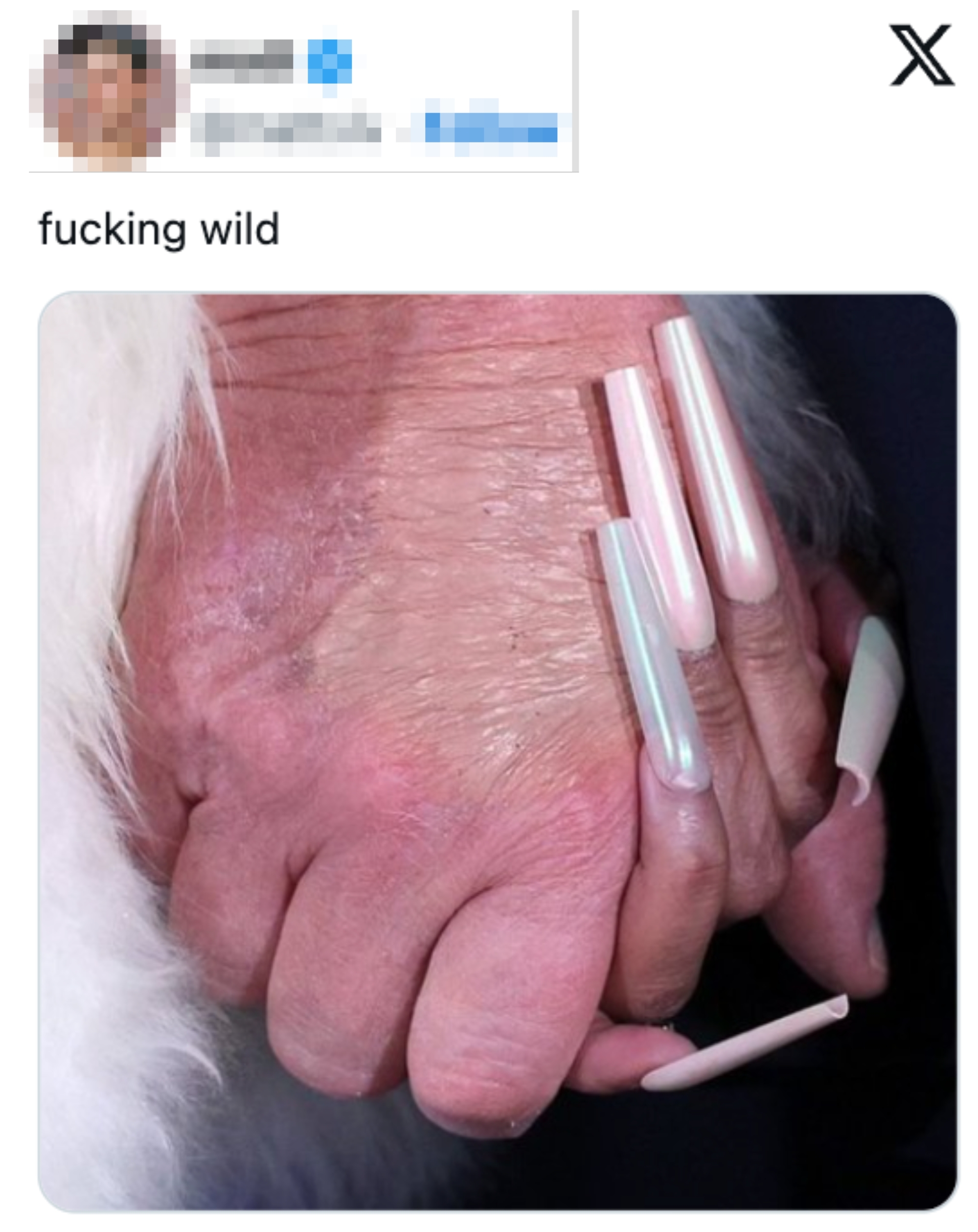 Nærbilde av to hender knyttet, den ene med lange, rosa akrylnegler. Teksten ovenfor lyder: 