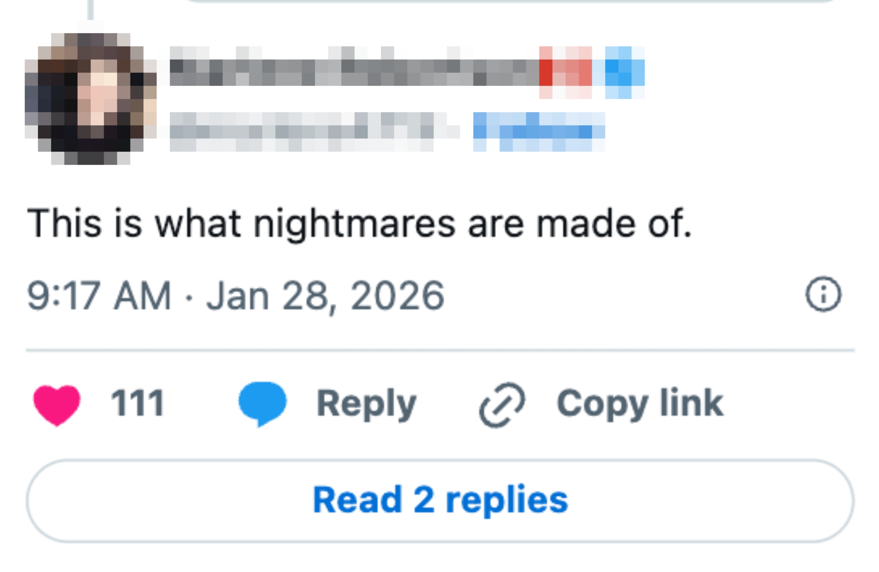 Tweet av Marlene Robertson: "Dette er hva mareritt er laget av." Lagt ut 28. januar 2026, med 111 likes