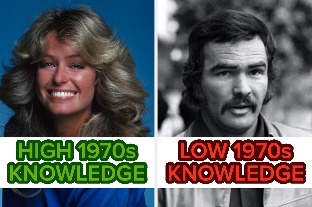 Split image: Woman with styled hair represents "High 1970s Knowledge"; man with mustache represents "Low 1970s Knowledge."