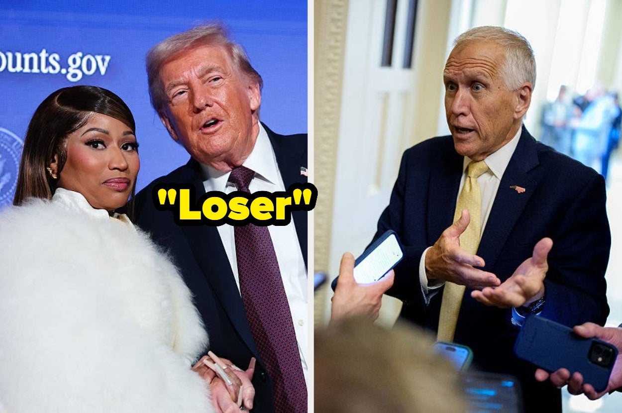 Two people stand next to each other; the left says "Loser" in yellow text. Another person gestures passionately to reporters