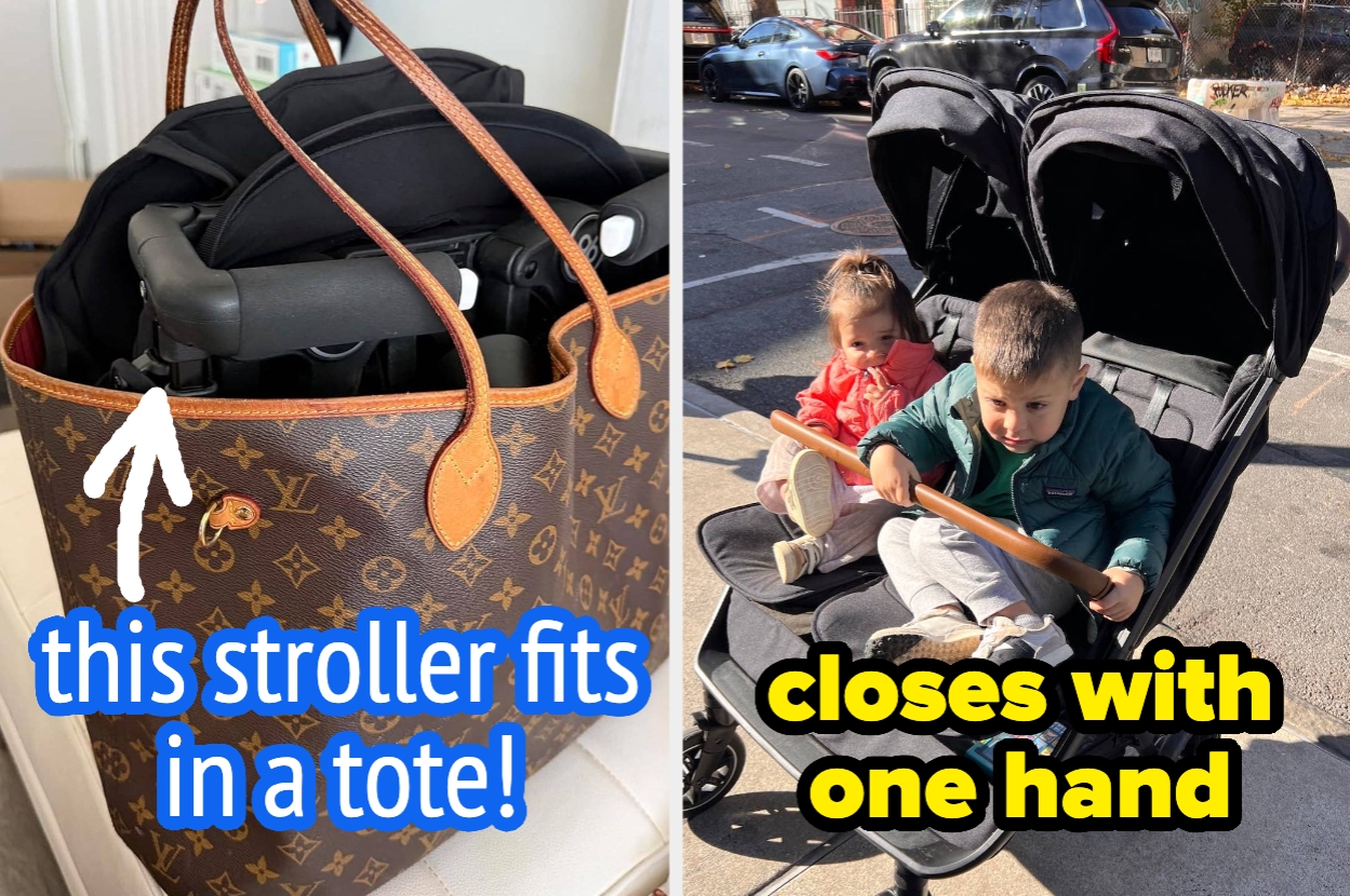Collapsible double stroller shown fitting into a tote bag and open with two children seated, featuring one-hand closing functionality