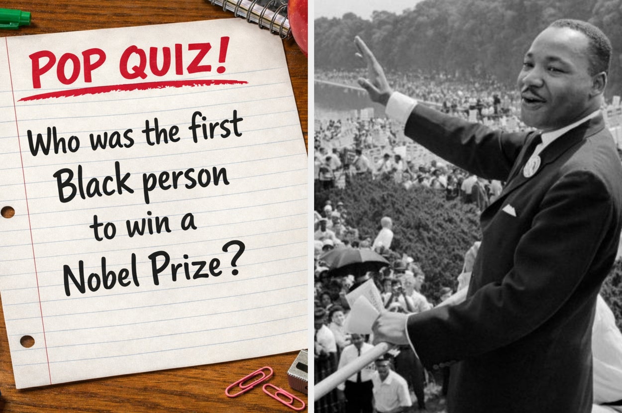 Left side: "Pop Quiz! Who was the first Black person to win a Nobel Prize?" Right side: Martin Luther King Jr. speaking to a crowd