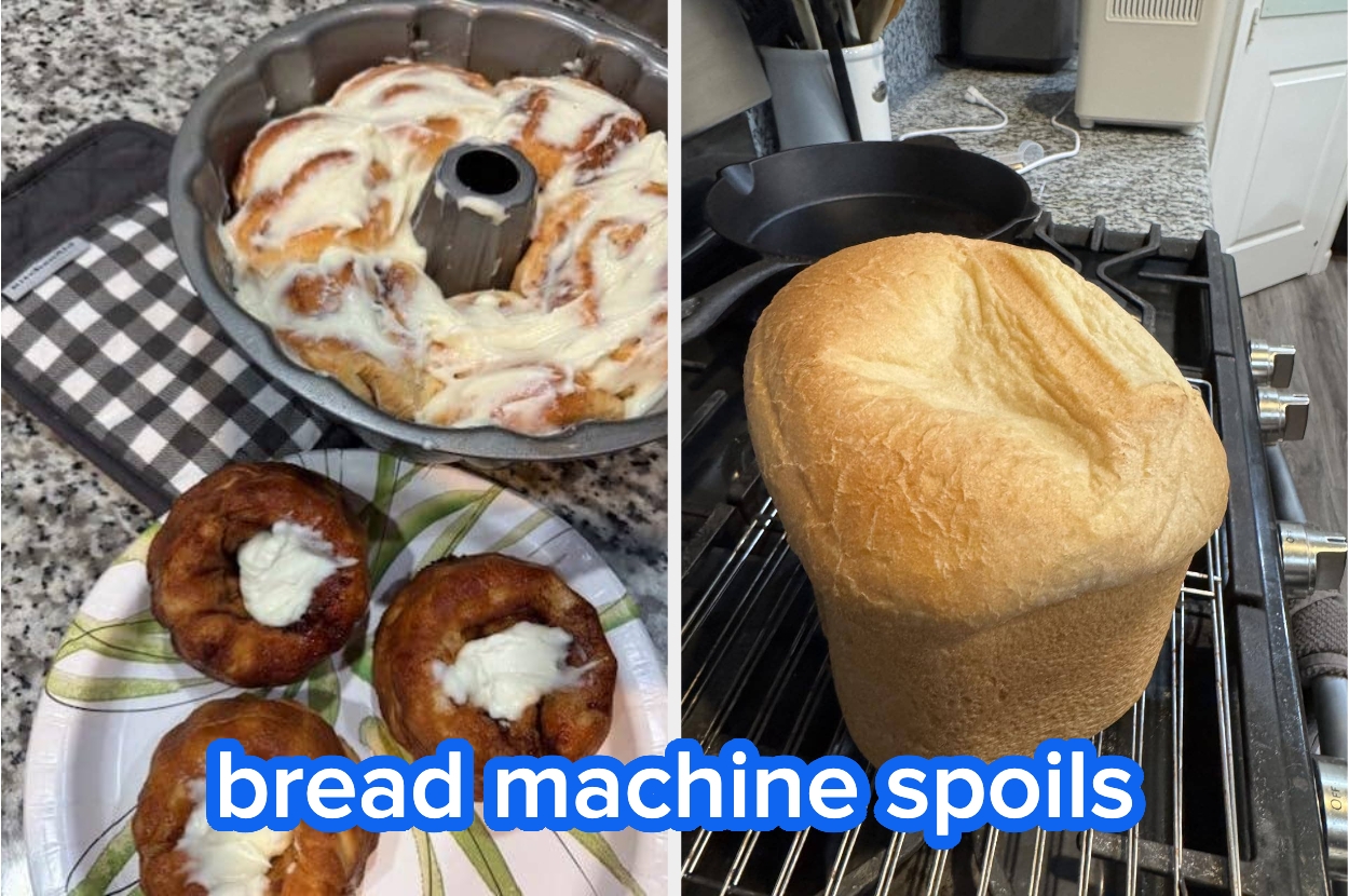 Cinnamon rolls in a Bundt pan, two air fryer donuts with icing, and a large loaf of bread on a stovetop