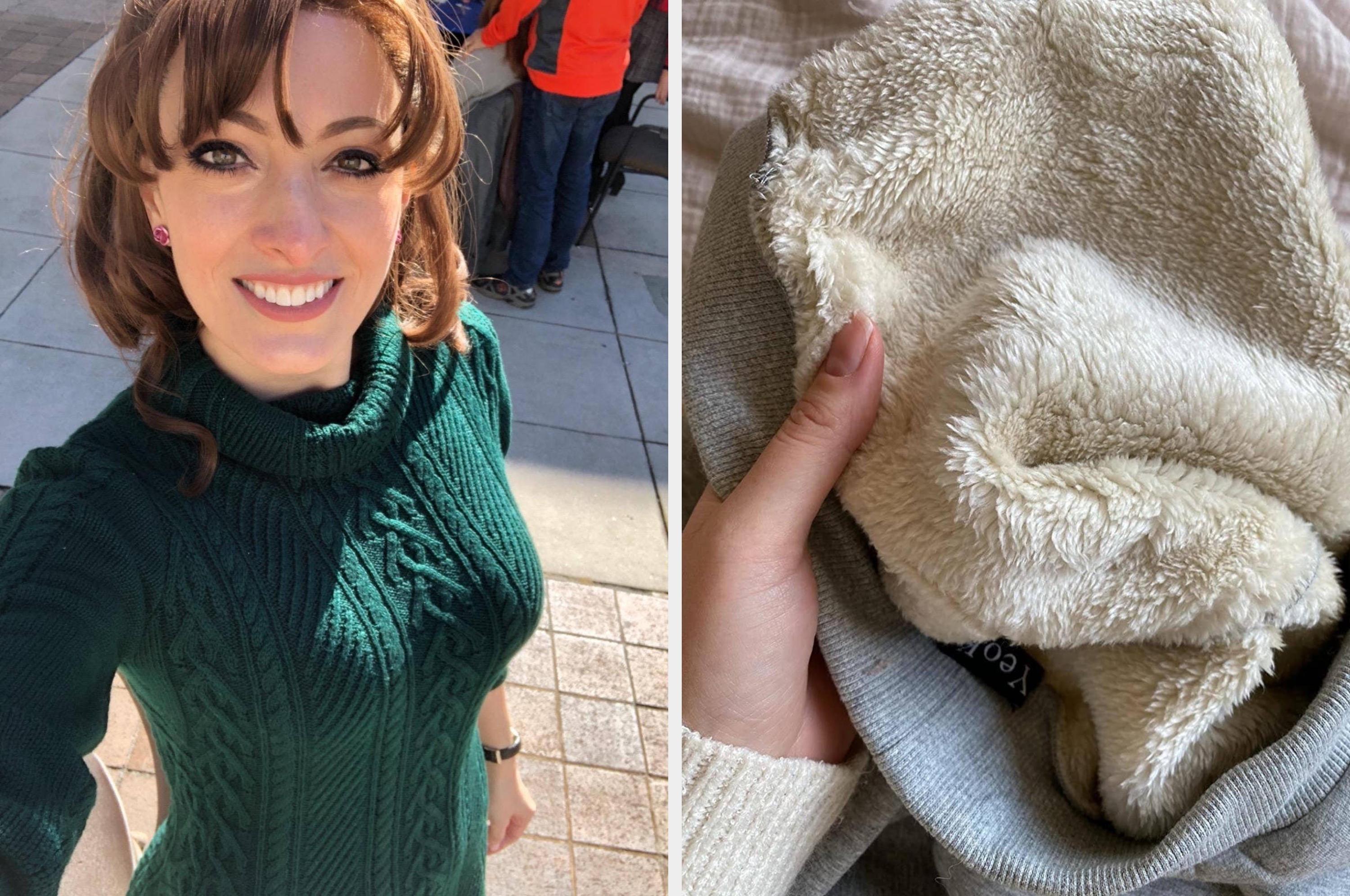 left: reviewer smiling and taking a selfie wearing a green fitted cable-knit turtleneck, right: reviewer hand holding showing off the inside of a plush pair of joggers