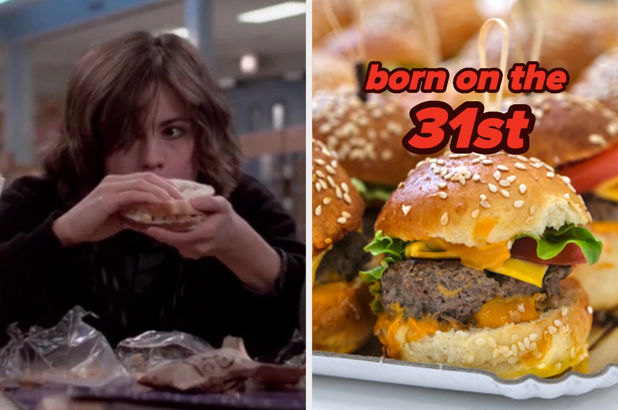Person eating a sandwich next to a collage of cheeseburgers with text "born on the 31st" over the burgers
