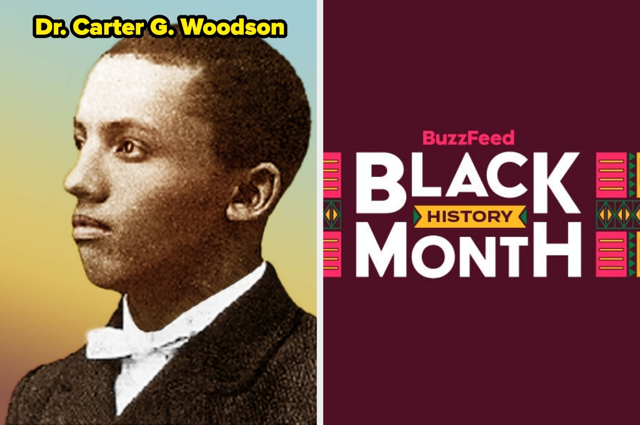 Dr. Carter G. Woodson's portrait next to a BuzzFeed Black History Month graphic with bold text and patterns