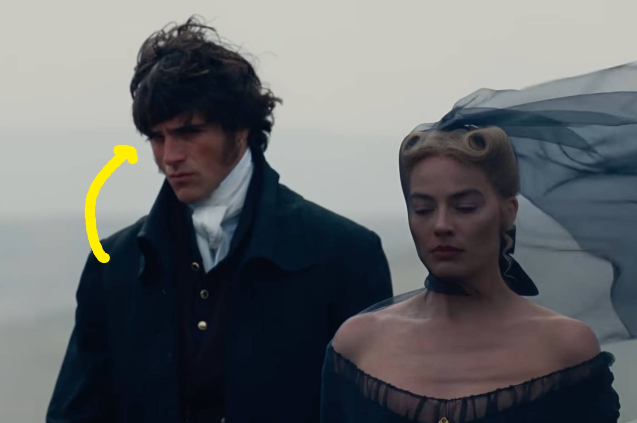 Two actors in period costumes; man with windswept hair and woman with veil, from a historical drama scene