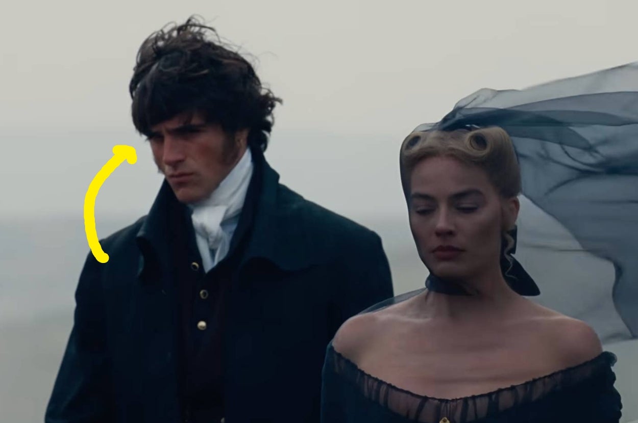 Two actors in period costumes; man with windswept hair and woman with veil, from a historical drama scene