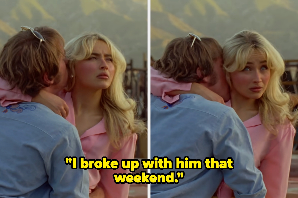 A woman looks displeased while a man leans in close. Text reads: "I broke up with him that weekend."