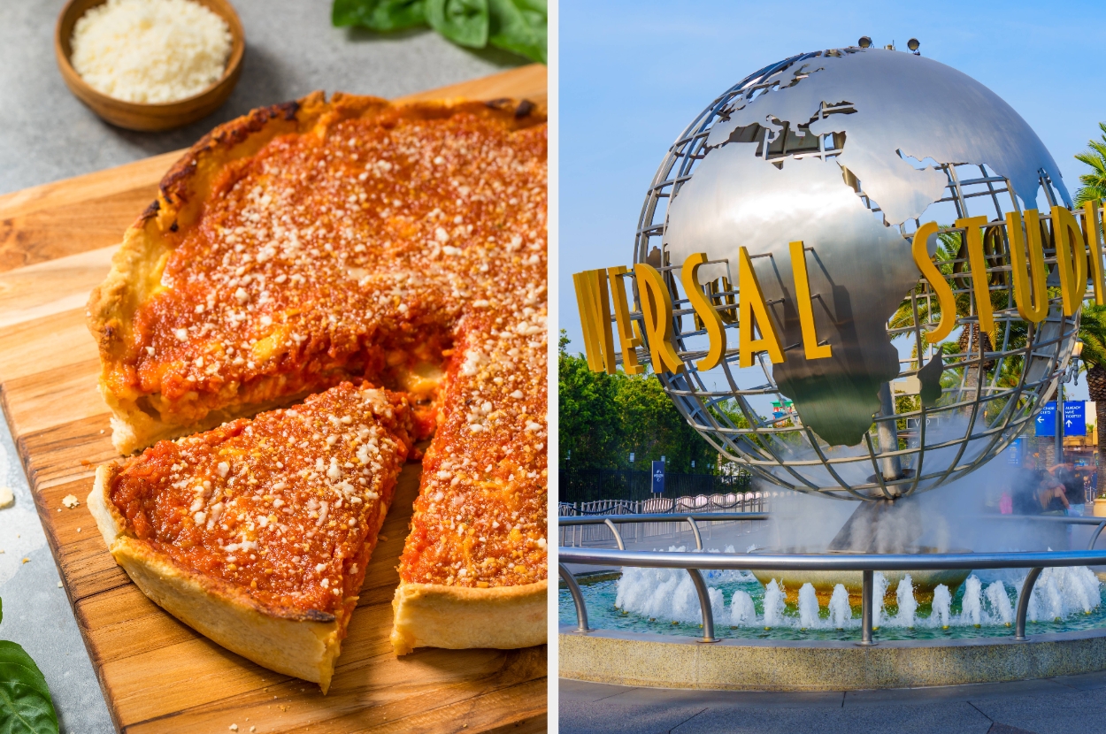 Deep-dish pizza slice on wooden board next to a metal globe fountain at Universal Studios