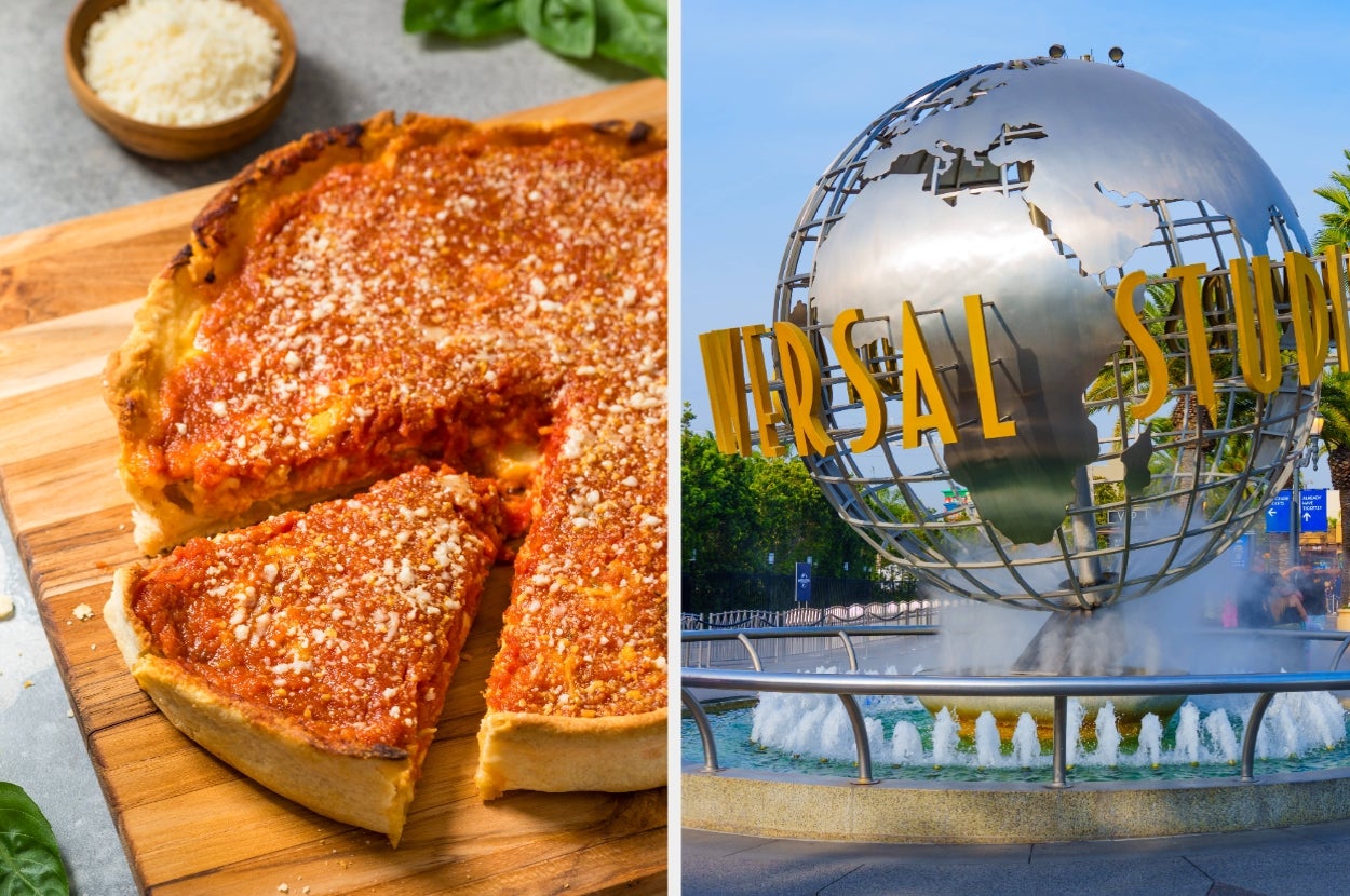 Deep-dish pizza slice on wooden board next to a metal globe fountain at Universal Studios
