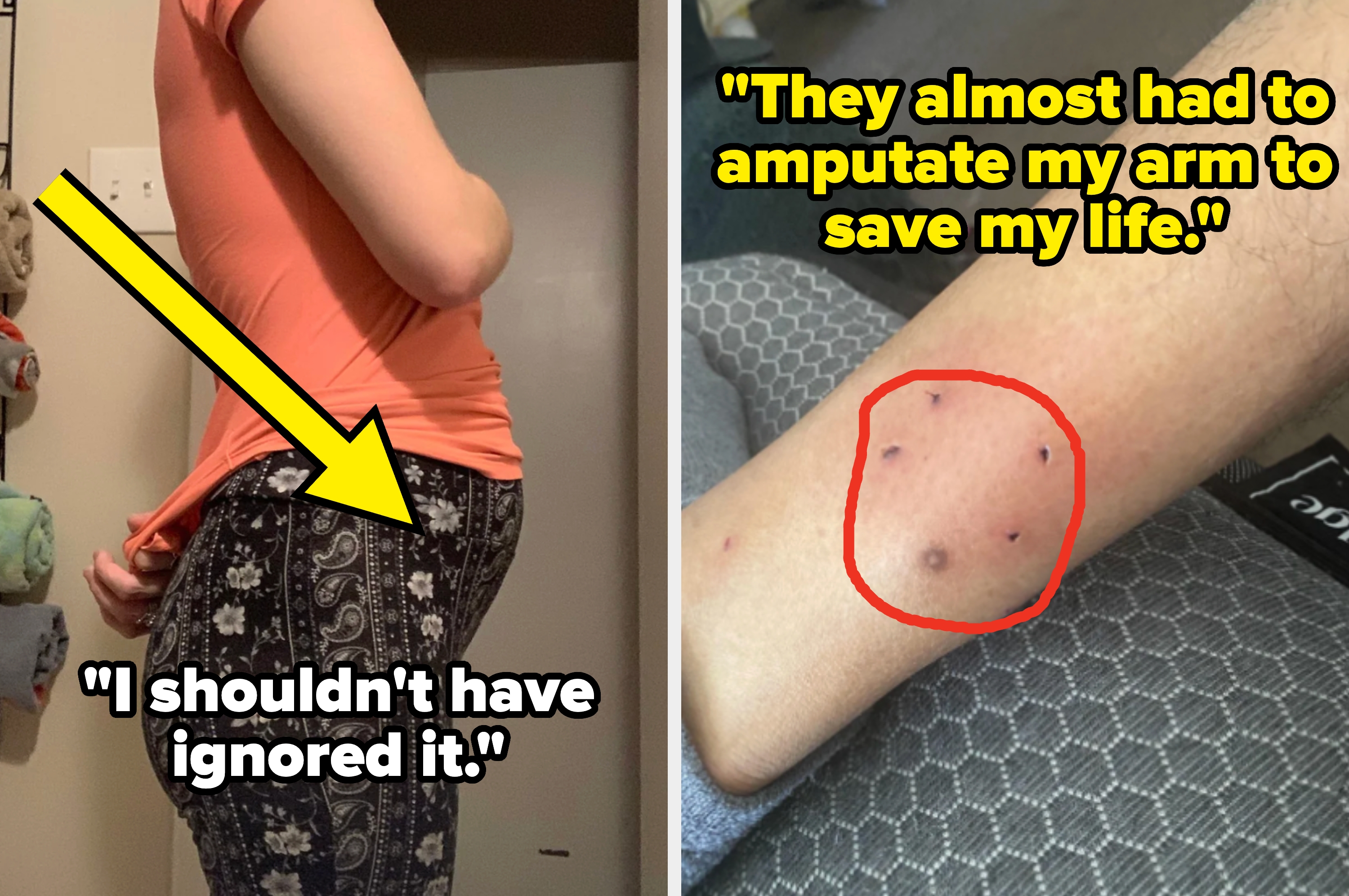 Person in a fitted orange top and patterned leggings showing a side view of their profile in a home setting