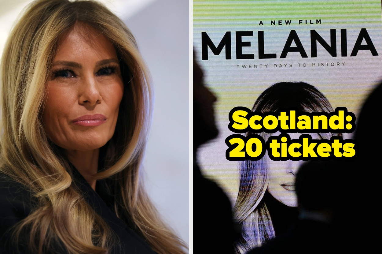 Woman with long hair next to a movie poster reading "A New Film: Melania, Twenty Days to History" and "Scotland: 20 tickets."