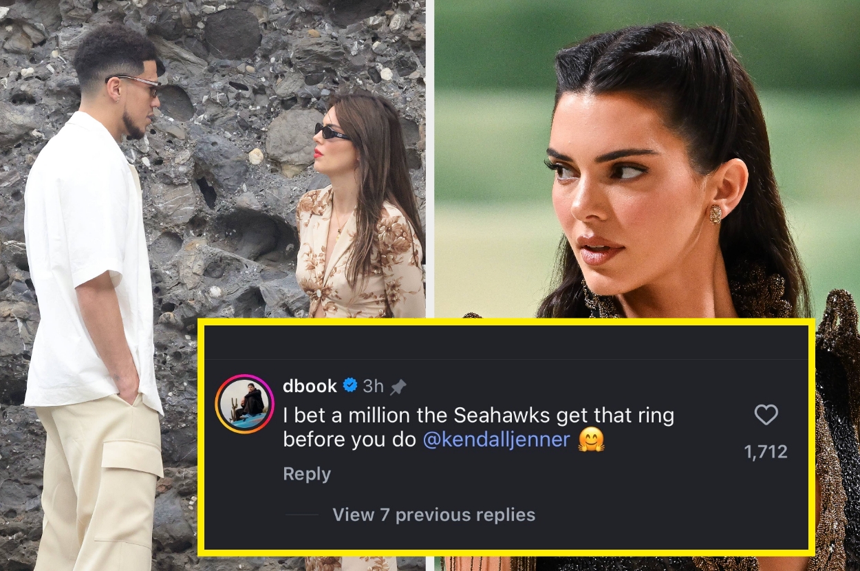 Devin Booker and Kendall Jenner talking outdoors vs Kendall Jenner looks over her shoulder
