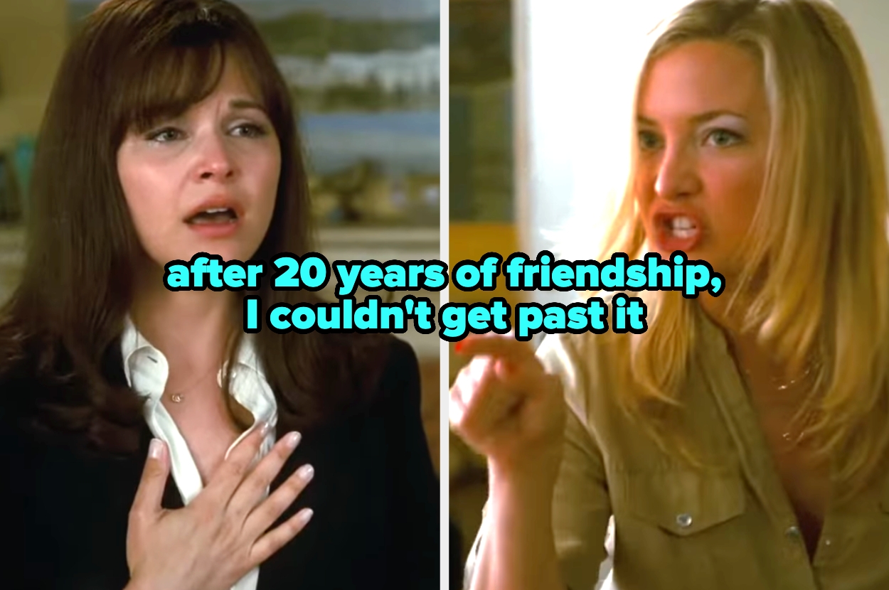 Two women in a heated discussion, one with hand on chest. Text reads: "after 20 years of friendship, I couldn't get past it"