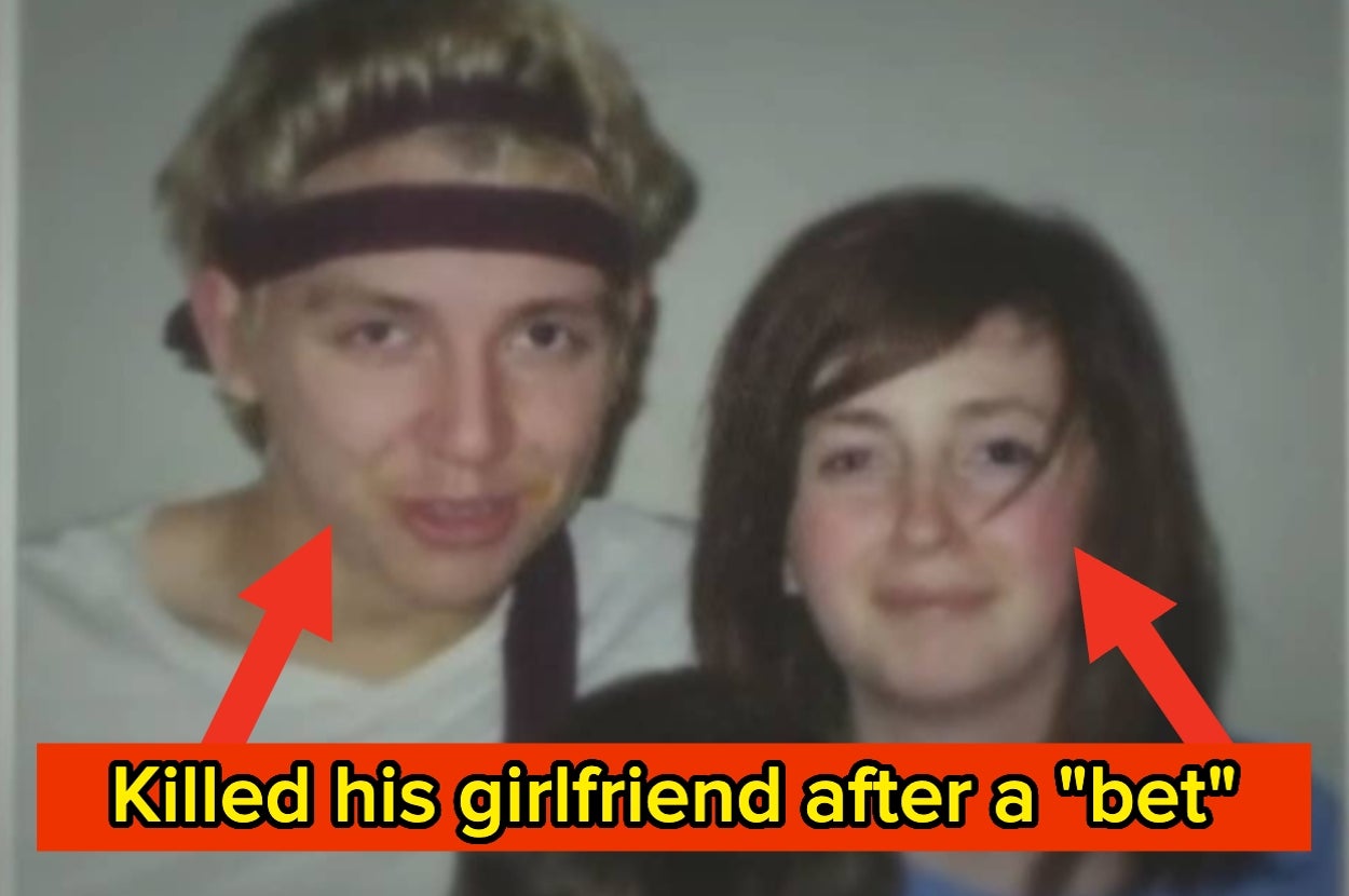 A vintage-style photo shows two young people smiling. Text below reads, "Killed his girlfriend after a 'bet'."