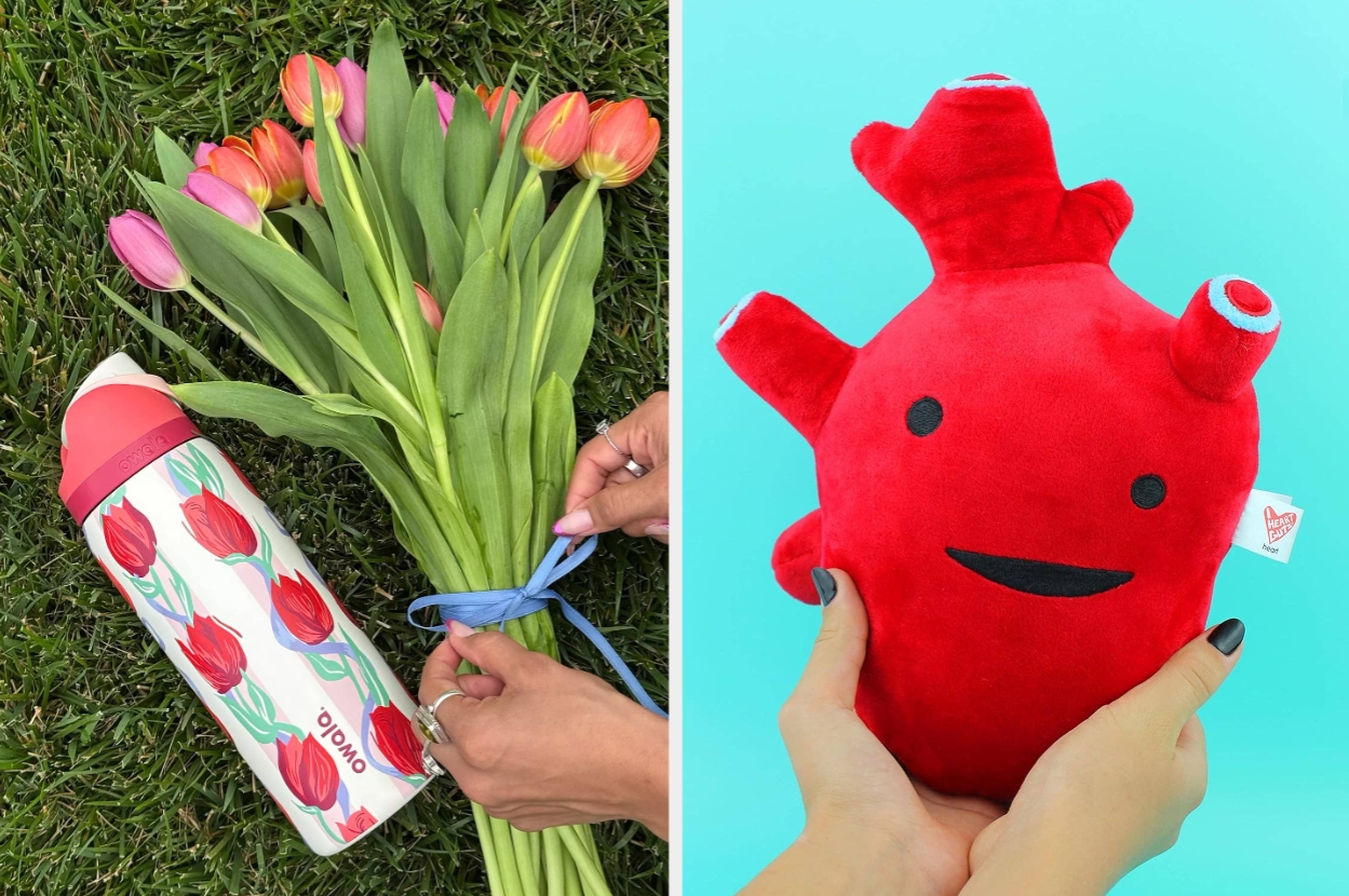 Left: Person tying a blue ribbon around tulips beside a floral thermos. Right: Smiling plush heart being held