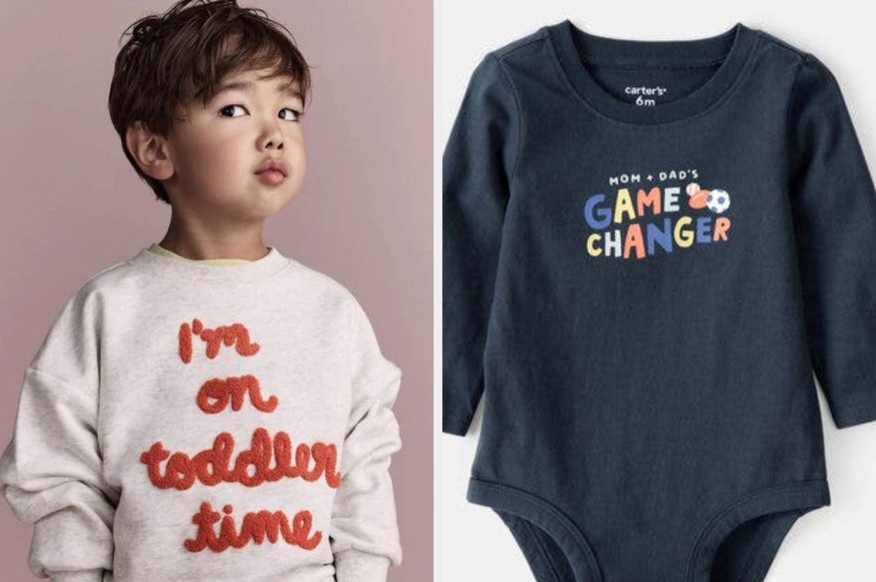 Child wearing sweatshirt with "I'm on toddler time" next to a baby onesie reading "Mom + Dad's Game Changer," highlighting playful kids' fashion