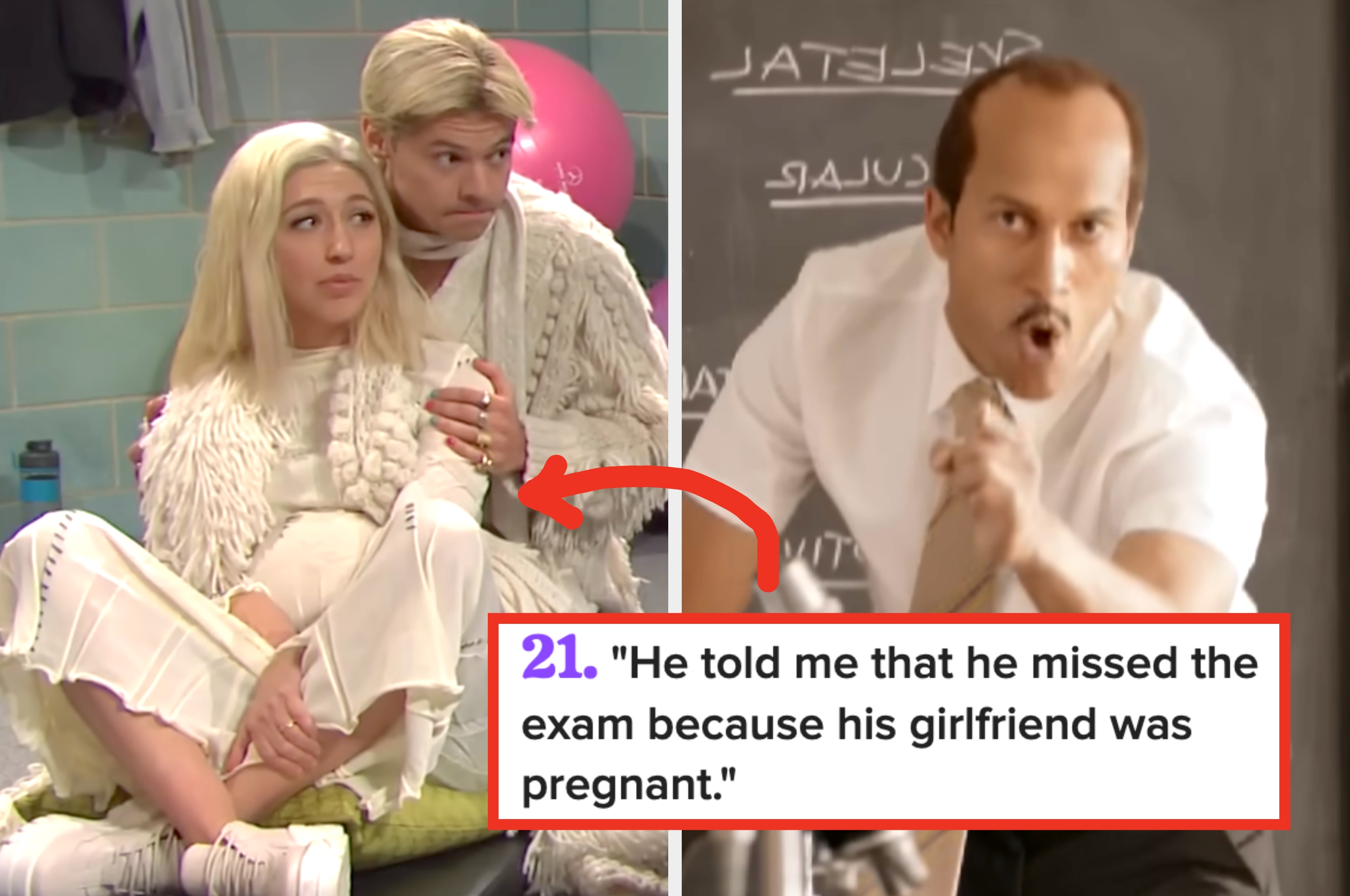 Split image: left shows a man and woman in humorous roles; right shows a man gesturing in a classroom scene. Narratives of exaggerated scenarios