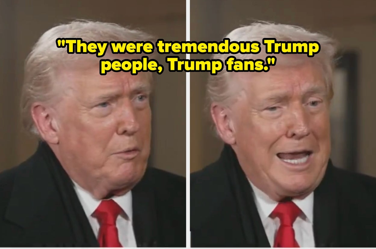 trump in a suit and red tie speaks during an interview. Caption reads: "They were tremendous Trump people, Trump fans."