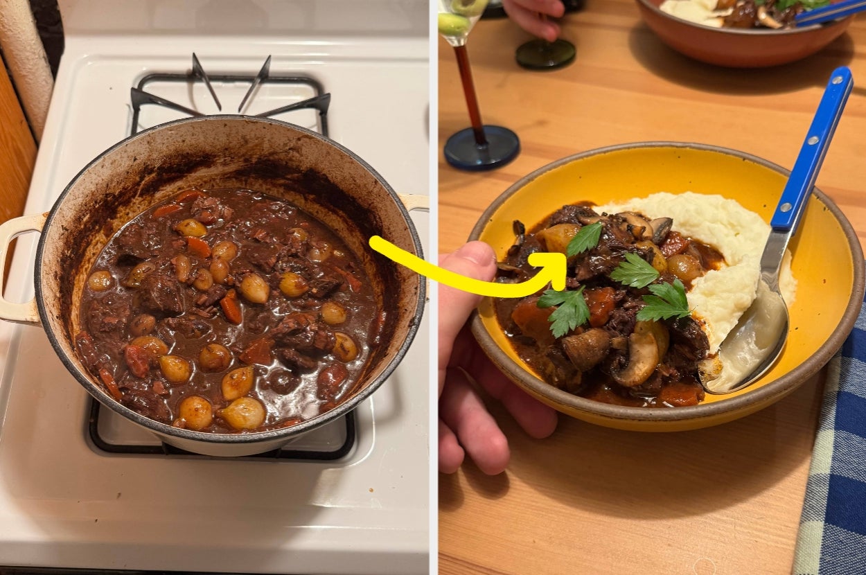 Beef stew cooking in a pot on the left; served with mashed potatoes and garnished with parsley on the right